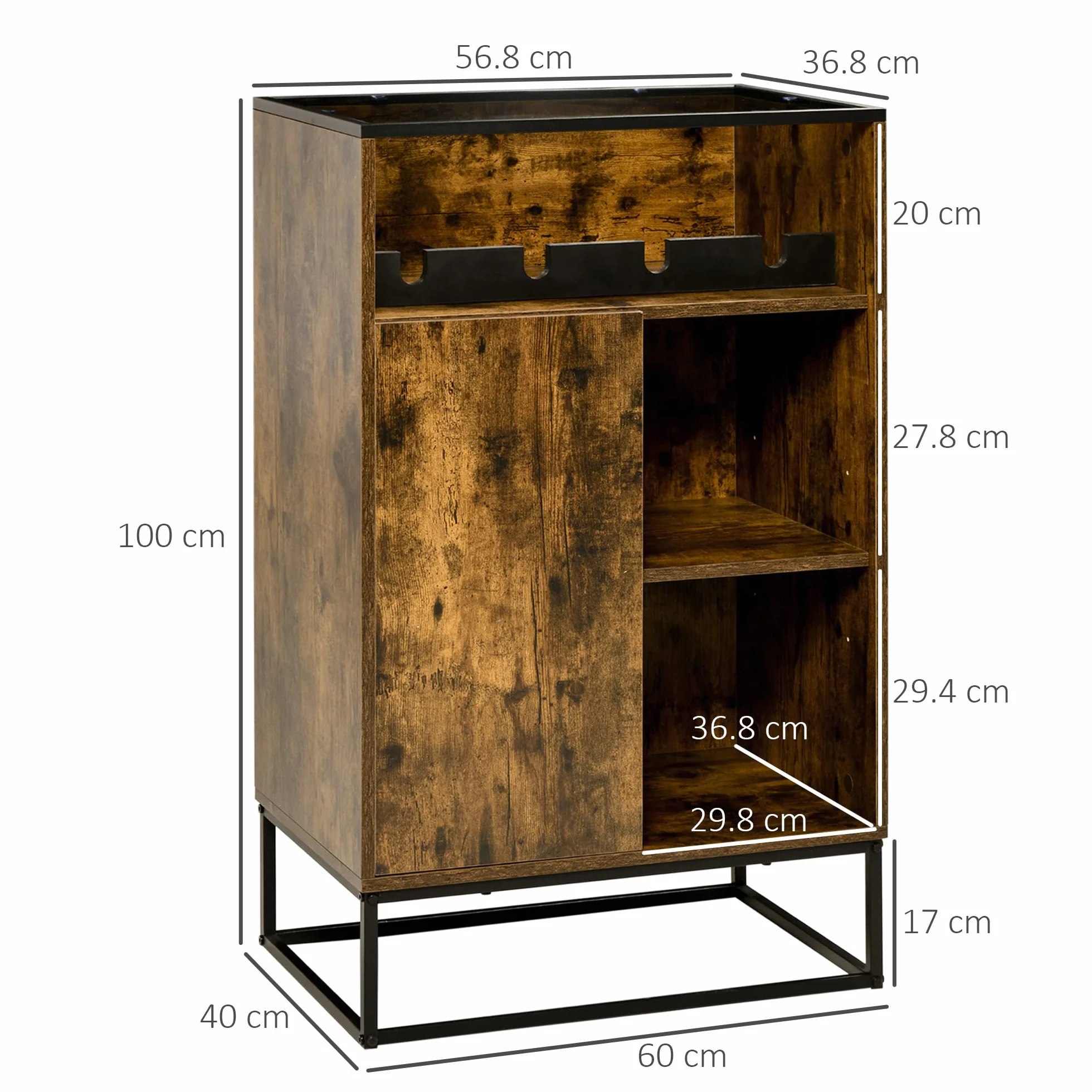 HOMCOM Mobile Multiuso da Salotto con Portabottiglie, Vani Aperti e Armadietto, Mobiletto Porta Vini Stile Industriale, 60x40x100cm, Marrone