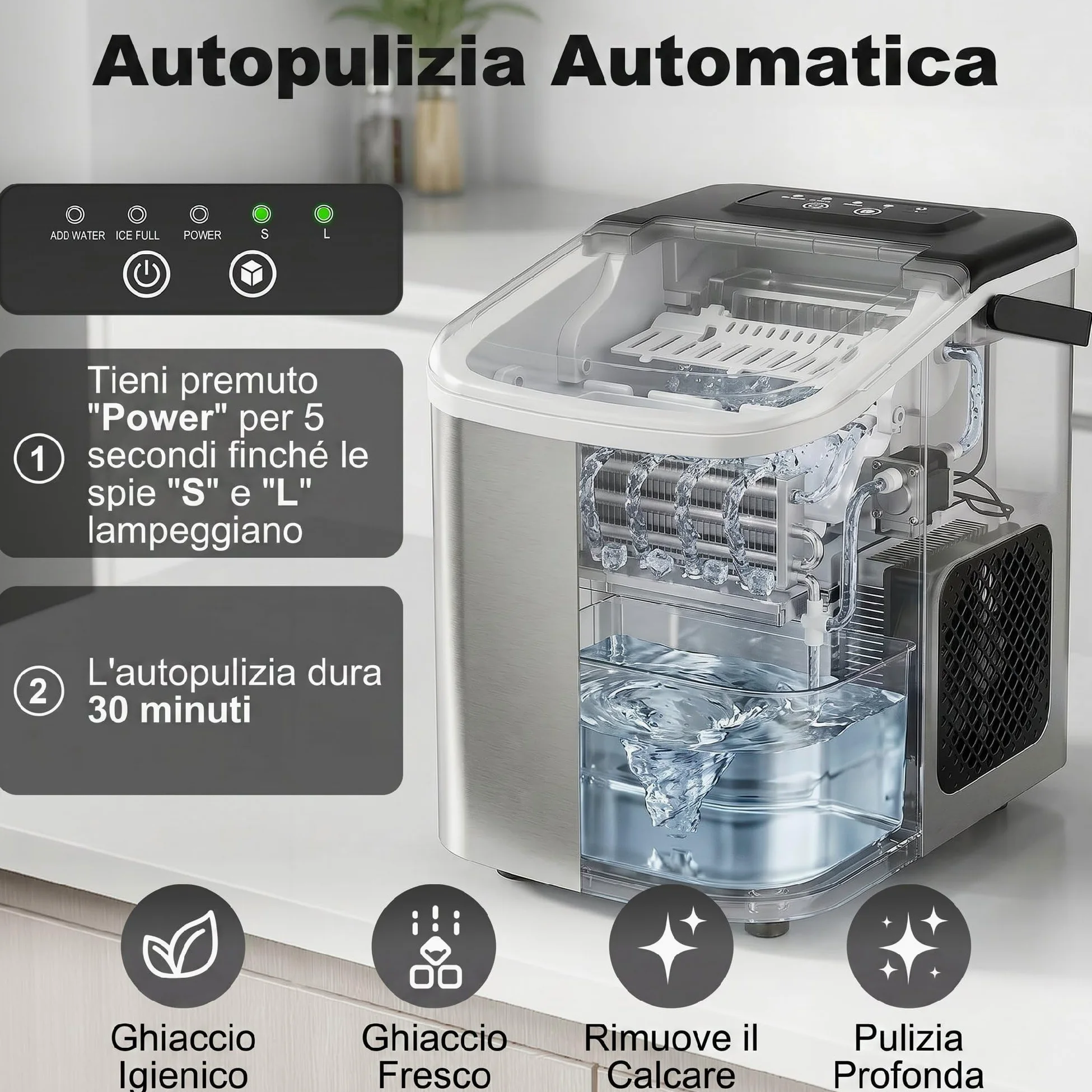 HOMCOM Macchina Ghiaccio 12kg/24h, Autopulente Macchina del Ghiaccio 9 Cubetti in 7-10Minuti, Acciaio Inox, 2 Dimensioni, Serbatoio 1.2L, Portatile, Silenzioso, Cestello Paletta, Casa Ufficio, Argento