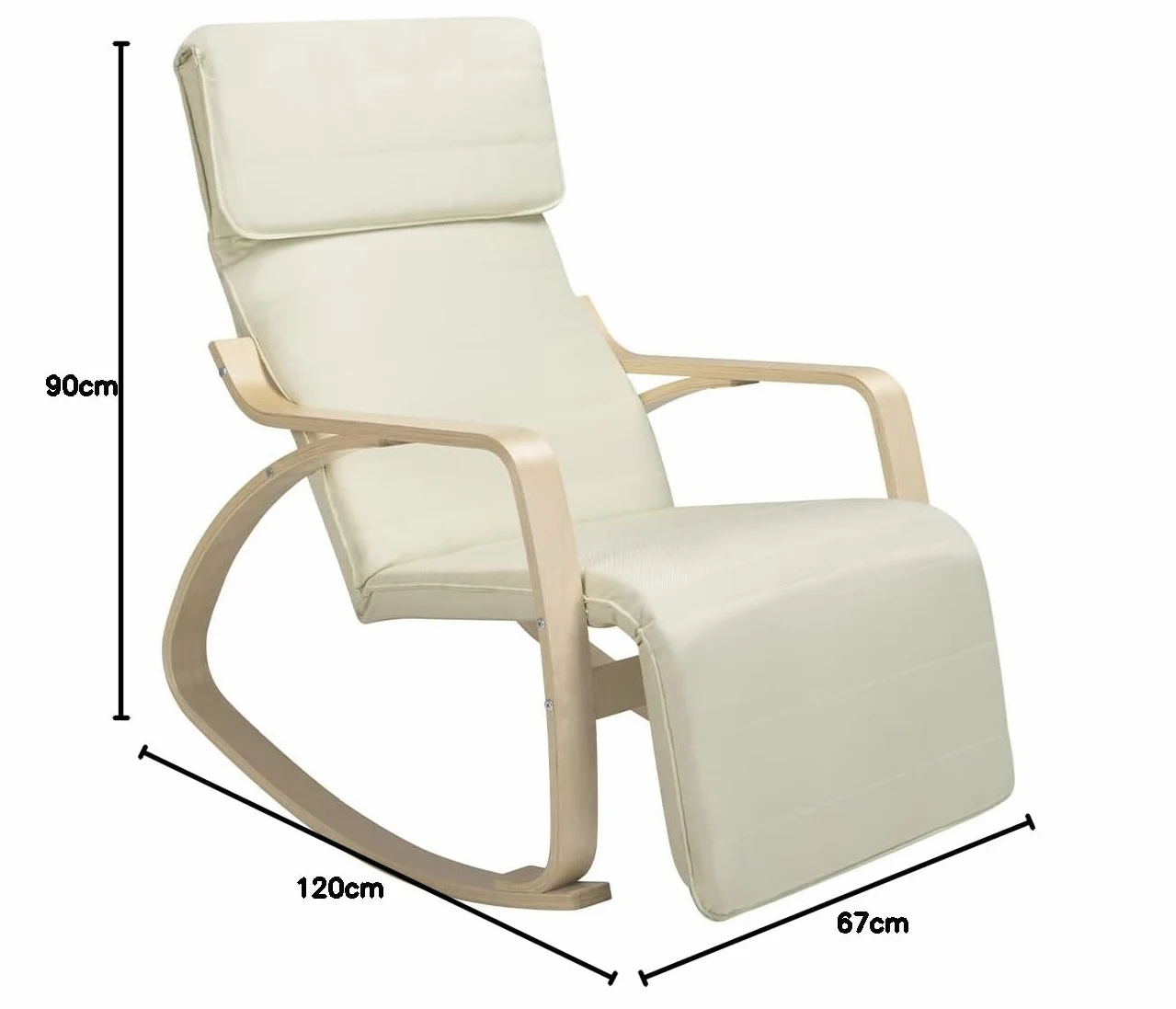 BAKAJI Sedia a Dondolo in Legno di Betulla con Rivestimento in Cotone Imbottito in Spugna Altissima Densità, Oscillante Relax con Poggiapiedi Regolabile e Cuscino, (Beige)