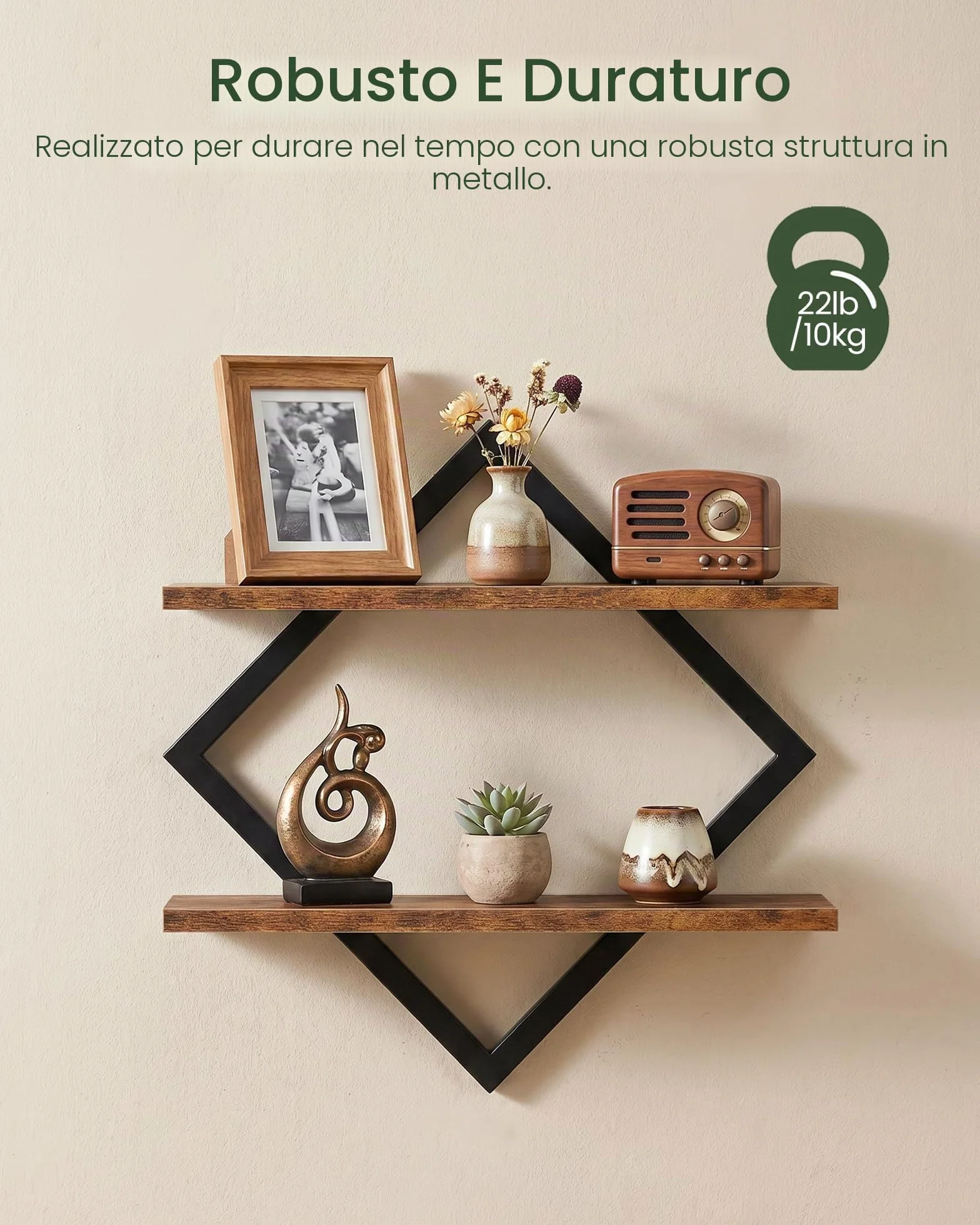 CHOEZON Mensole da Parete Sospeso Set da 2 Scaffali a 2 Livelli Marrone Vintage e Nero