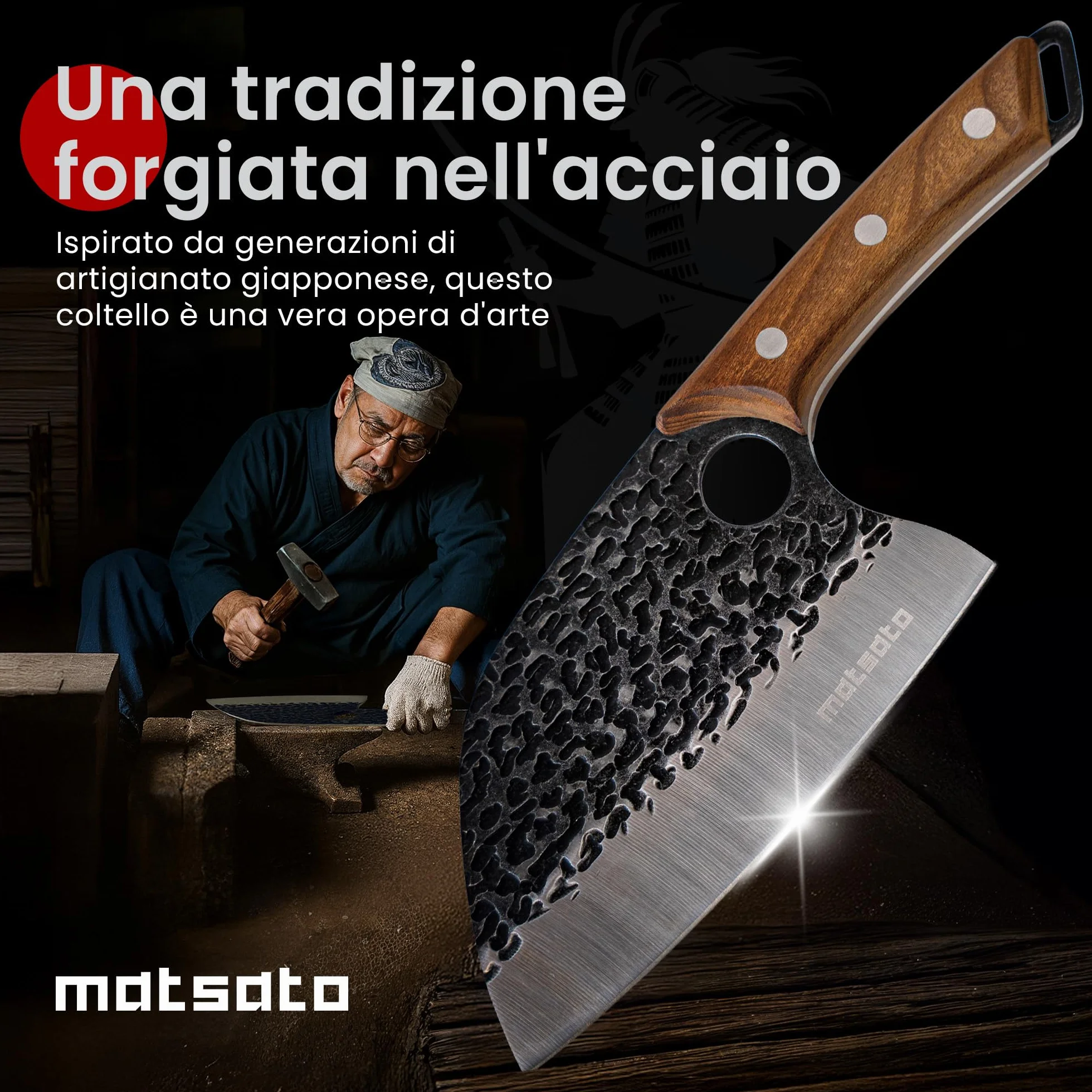 Matsato Mannaia da Cucina Professionale in Acciaio Giapponese - Coltello Mannaia con Lama 15 cm, Manico in Faggio Carbonizzato - Per Carne, Verdure e Ossa da Macellaio