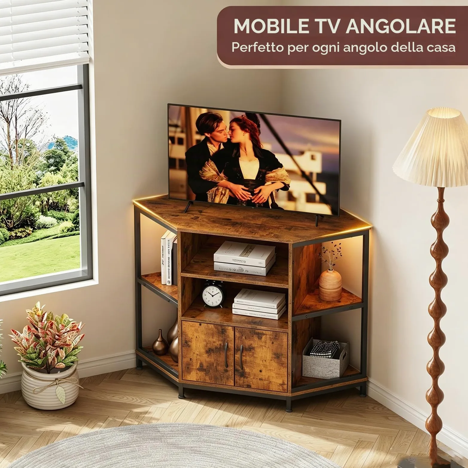 Dripex Mobile angolare per TV con illuminazione a LED, per soggiorno, design industriale, 105 x 50 x 79 cm, marrone vintage