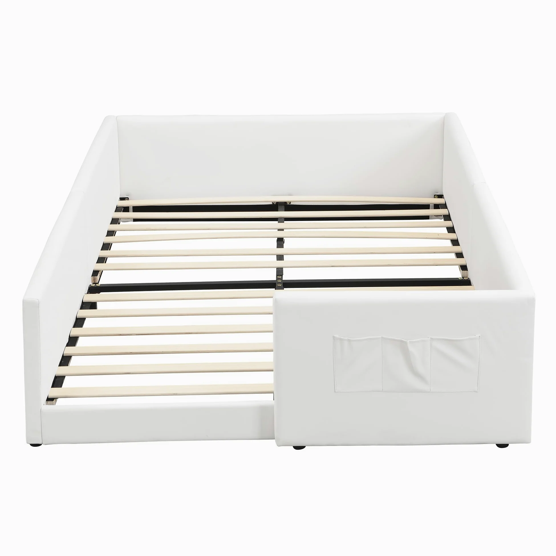 Montessori Letto a Terra per bambini 140 x 200cm, Letto imbottito PU con 3 pratiche tasche portaoggetti, Rete a doghe in Legno, letto Piazza e Mezza per Bambini(senza materasso)