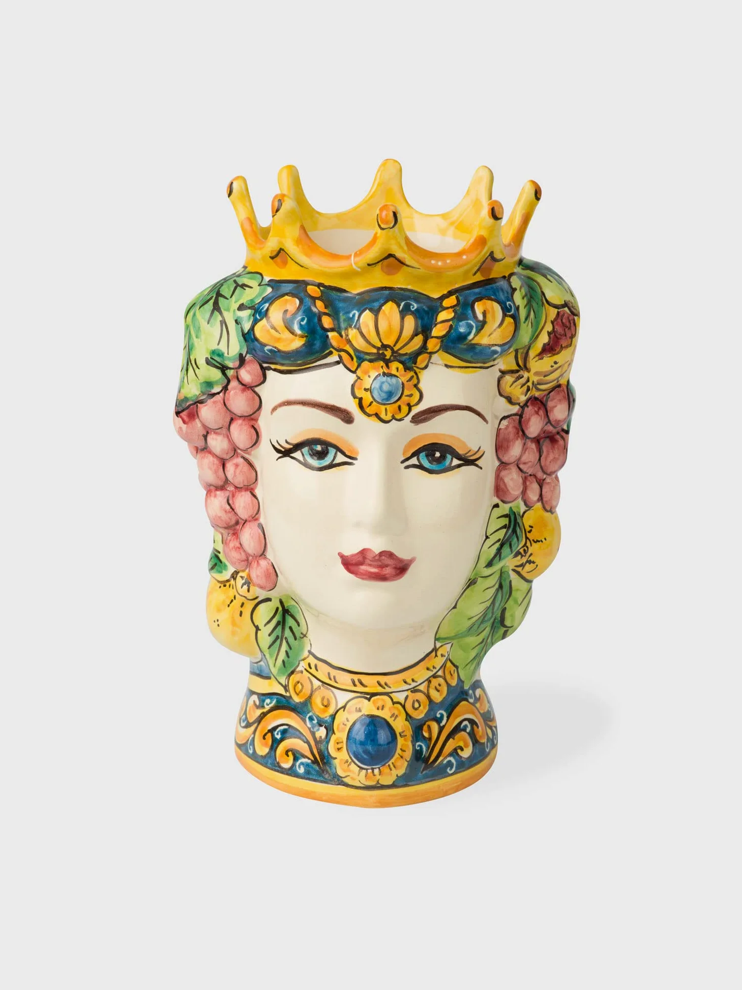 Terrecotte del Sole - Coppia Teste di Moro siciliane originali decoro frutta H 24 cm, realizzate e decorate a mano.