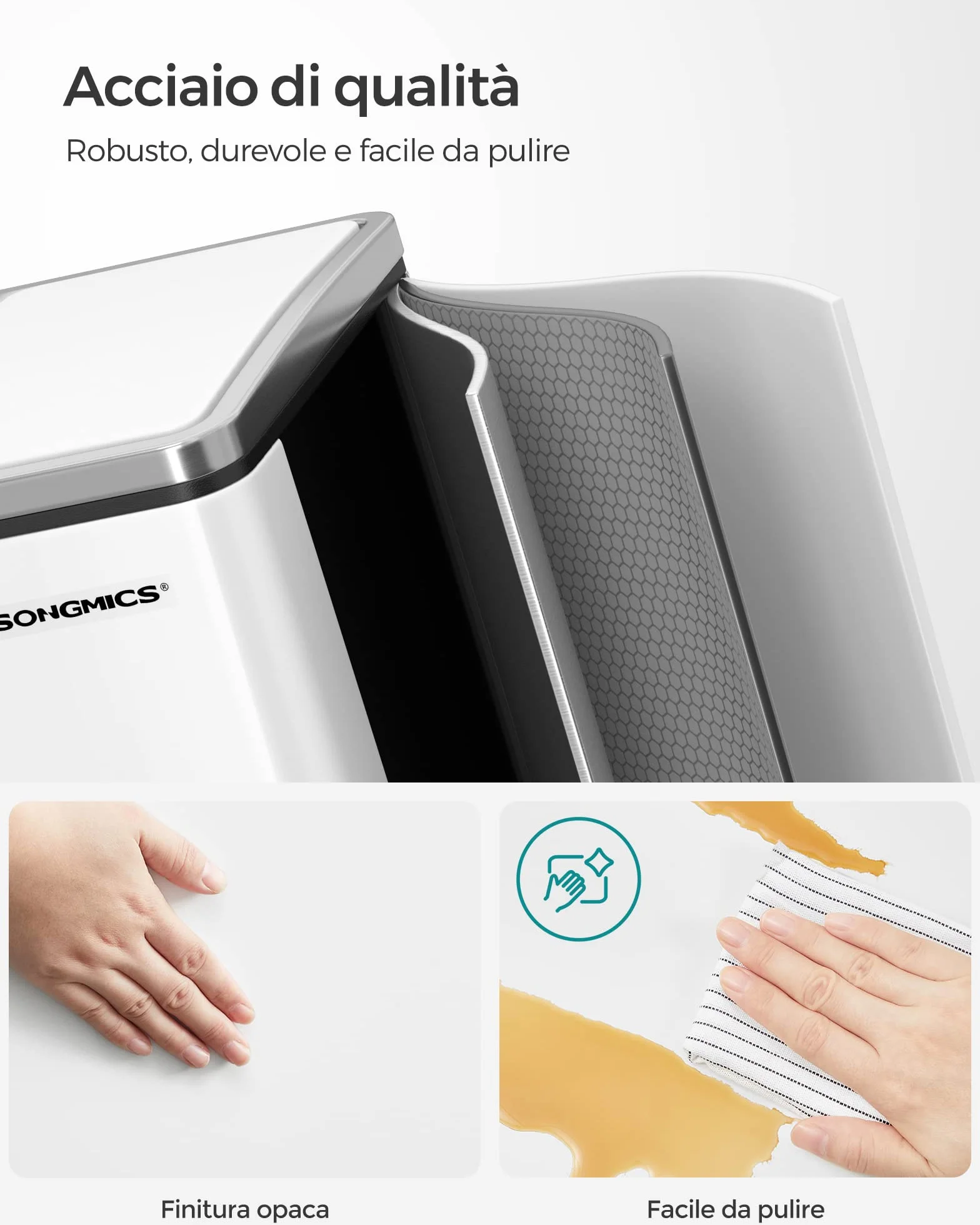 SONGMICS Cestino da Cucina, Pattumiera per Raccolta Differenziata 3 x 18L, 3 Scomparti per Riciclaggio, Coperchi a Chiusura Morbida, Pedali, Acciaio, Bianco Nuvola LTB54WT