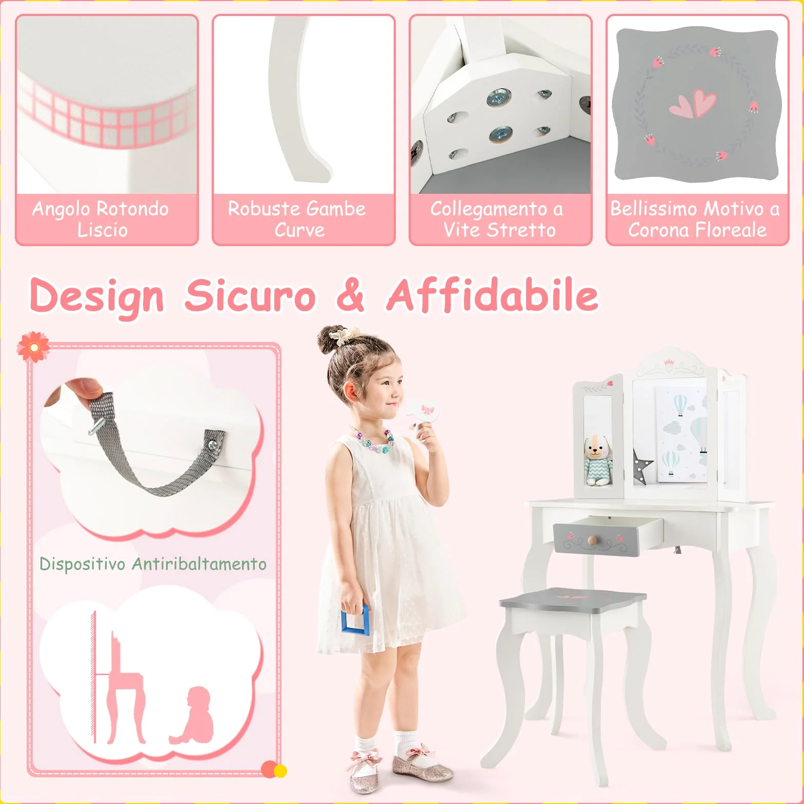 RELAX4LIFE Toeletta Trucco per Bambina, Specchiera Trucco con Sgabello e Accessori da Trucco, Toeletta in Legno, Specchio Rimovibile, per Bambini 3+ Anni (TRIPLO, 34x50x93cm)