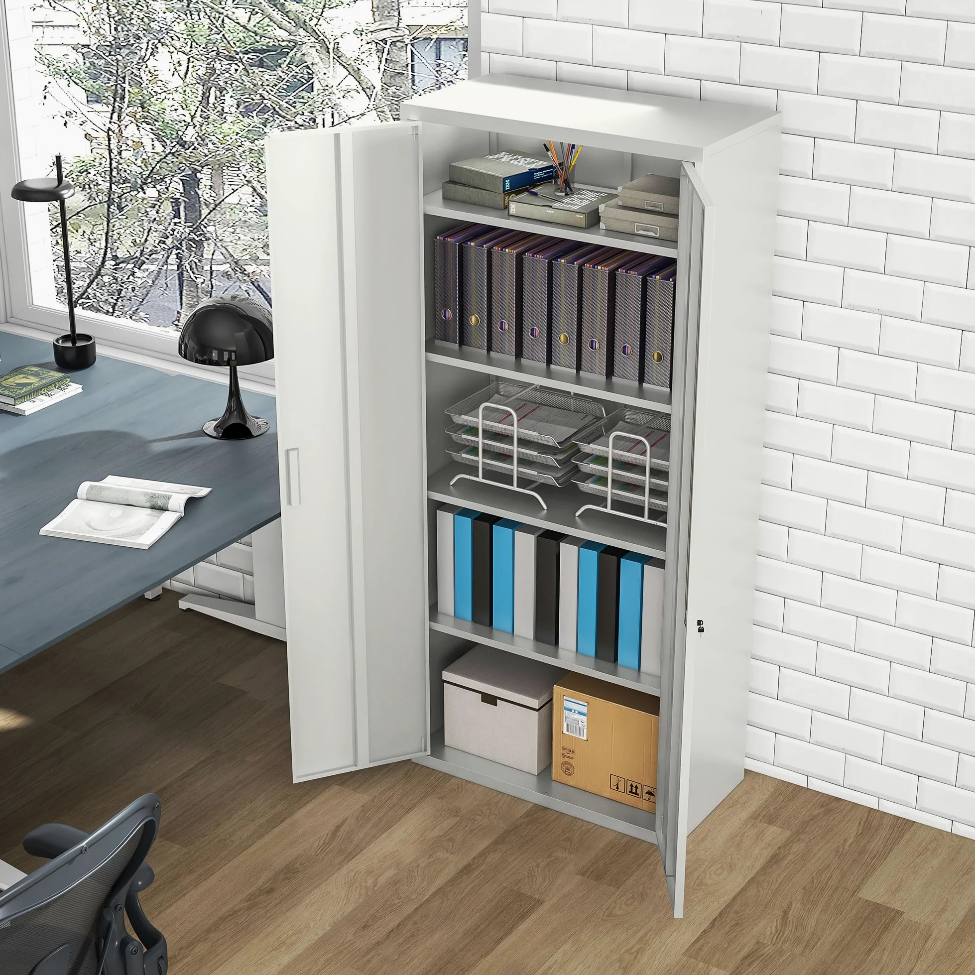 HOMCOM Armadio Ufficio a 5 Livelli con 4 Ripiani Regolabili, Armadio in Metallo Portadocumenti con 2 Ante, Serratura e 2 Chiavi, 80x40x180 cm, Bianco