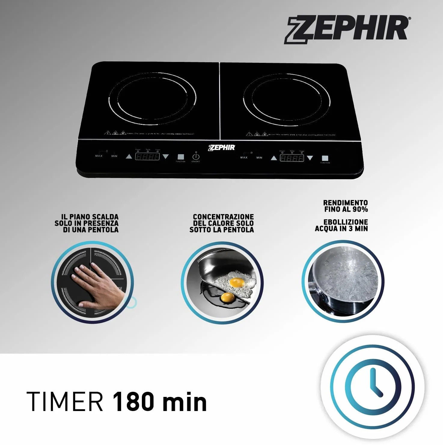 Zephir, Doppia Piastra a Induzione Portatile Potenza Max 2800W, 10 Livelli di Temperatura e di Potenza, Piastre in Vetro Temperato per Pentole Diametro 12-26 cm, Timer 180 Minuti (Doppia)