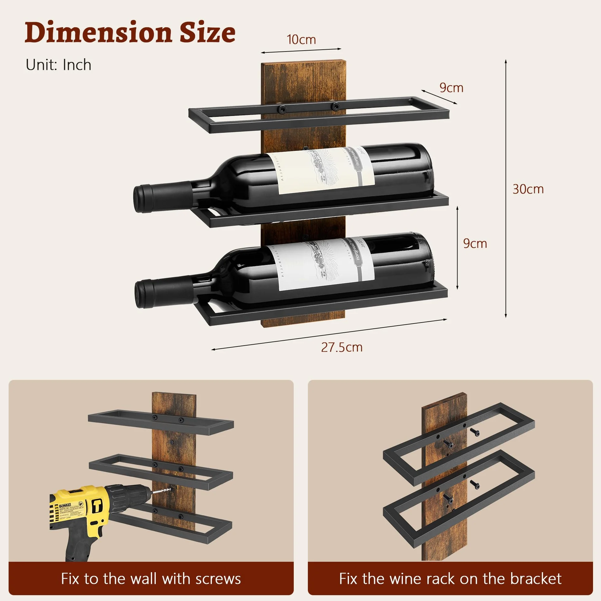 FAVOOSTY Portabottiglie da Parete in Legno per 9 Bottiglie da Appendere per Cucina, Sala da Pranzo, Bar