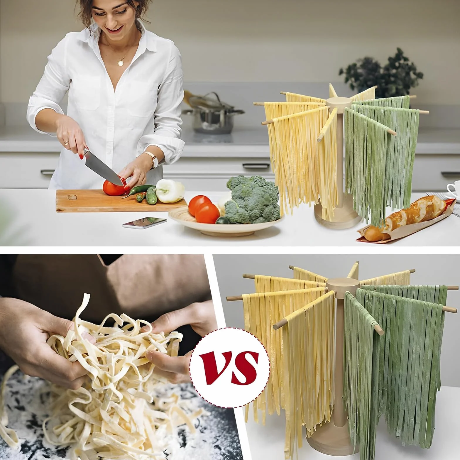 Stendipasta in legno, 46 cm x 40 cm, per pasta fino a 4,5 kg, asciugacapelli con 9 bracci rimovibili, riutilizzabili, per spaghetti (A)