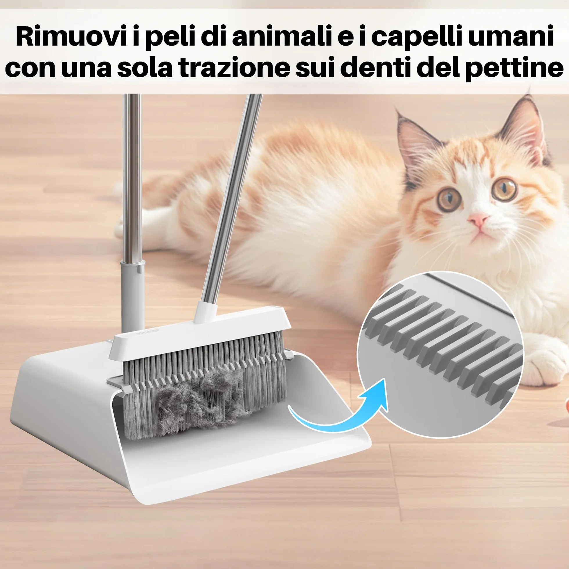 JOYMOOP set scopa e paletta, paletta e spazzola con manico lungo, scopa senza bisogno di piegarsi per uso interno ed esterno, bianco e grigio