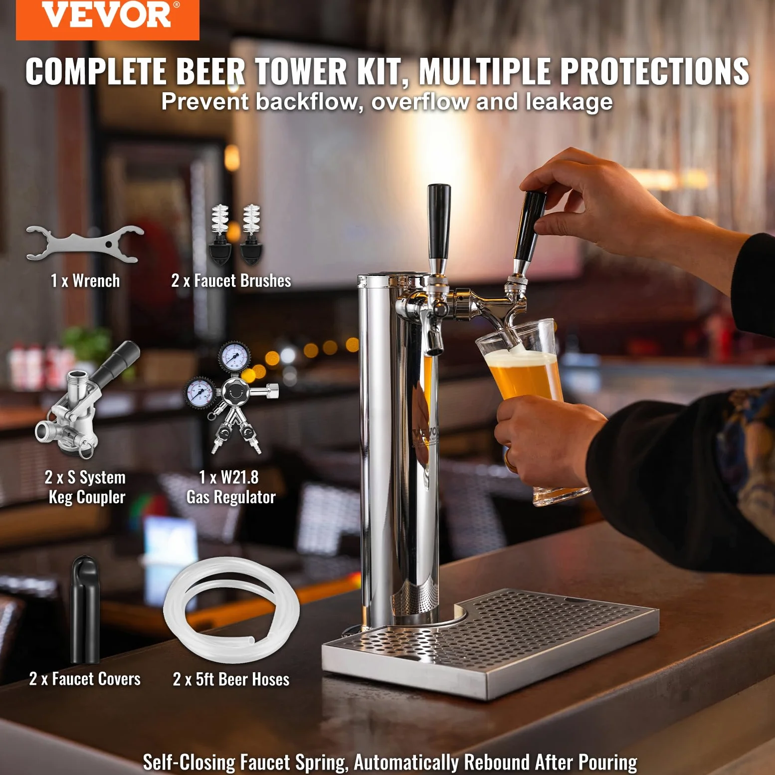 VEVOR Kit Spillatore Birra a Doppio Rubinetto, Dispenser Torre Birra per Fusti in Acciaio Inossidabile con Regolatore W21.8 Doppio Manometro e Accoppiatore Fusti S-System