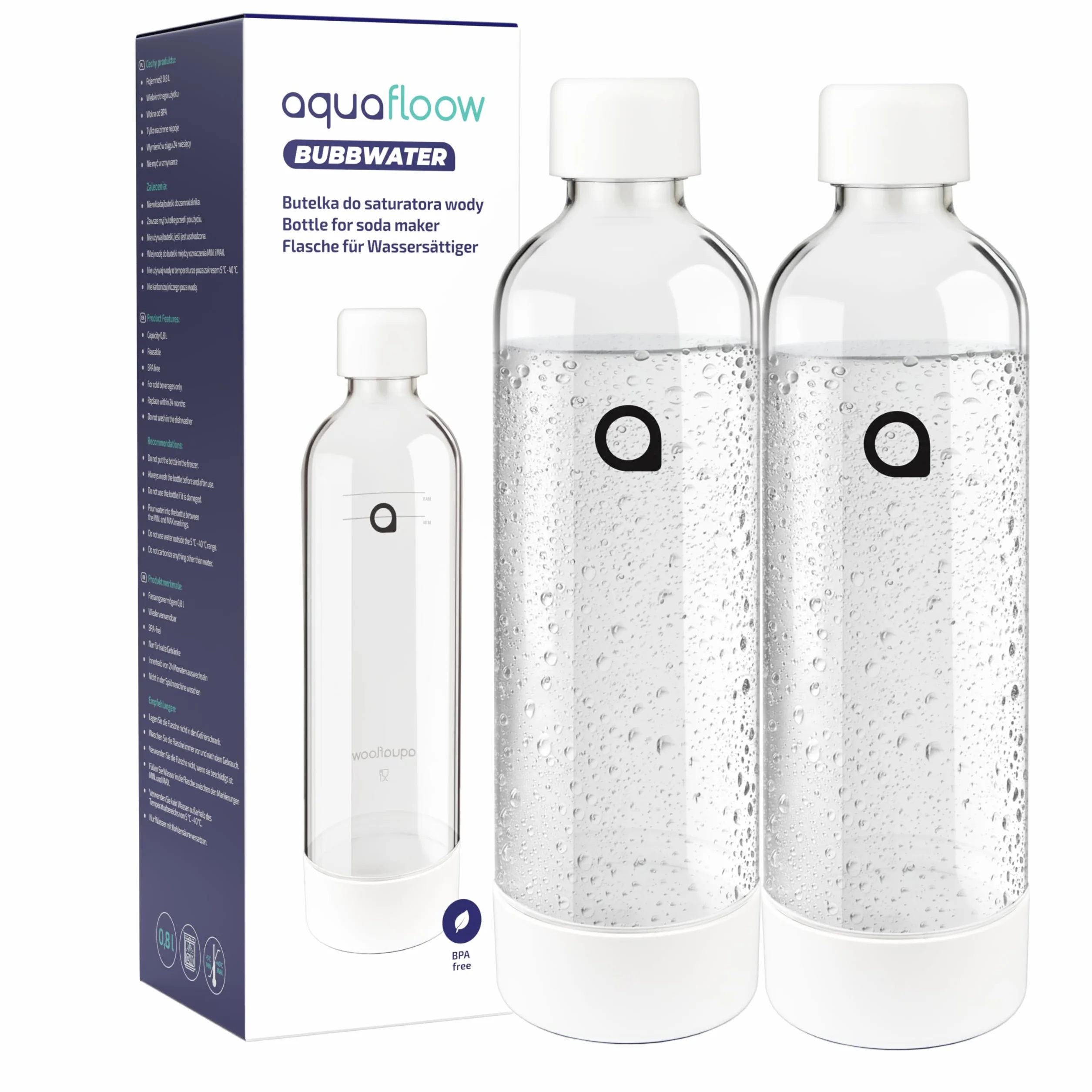 Aquafloow Gasatore per Acqua con Cilindro CO2 2 Bottiglie 800 ml senza BPA – Macchina per Acqua Frizzante senza Elettricità Design Elegante