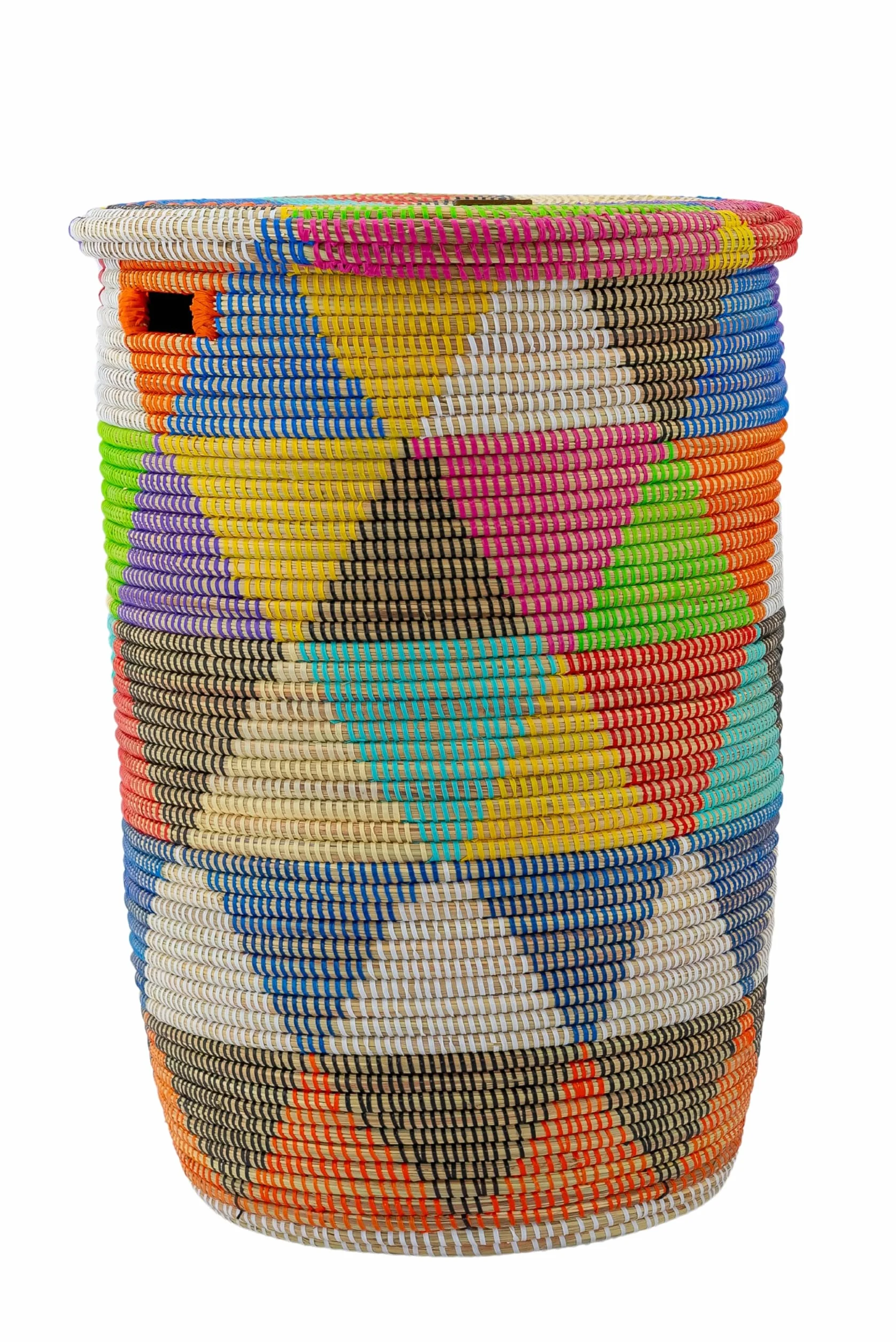 YAADU Cesto per biancheria con coperchio 80L - Raccoglitore per biancheria XXL, cesto con coperchio grande, scatole per biancheria, cesto africano, Modello Khaliss (Triangoli-Colorati-Piatti)