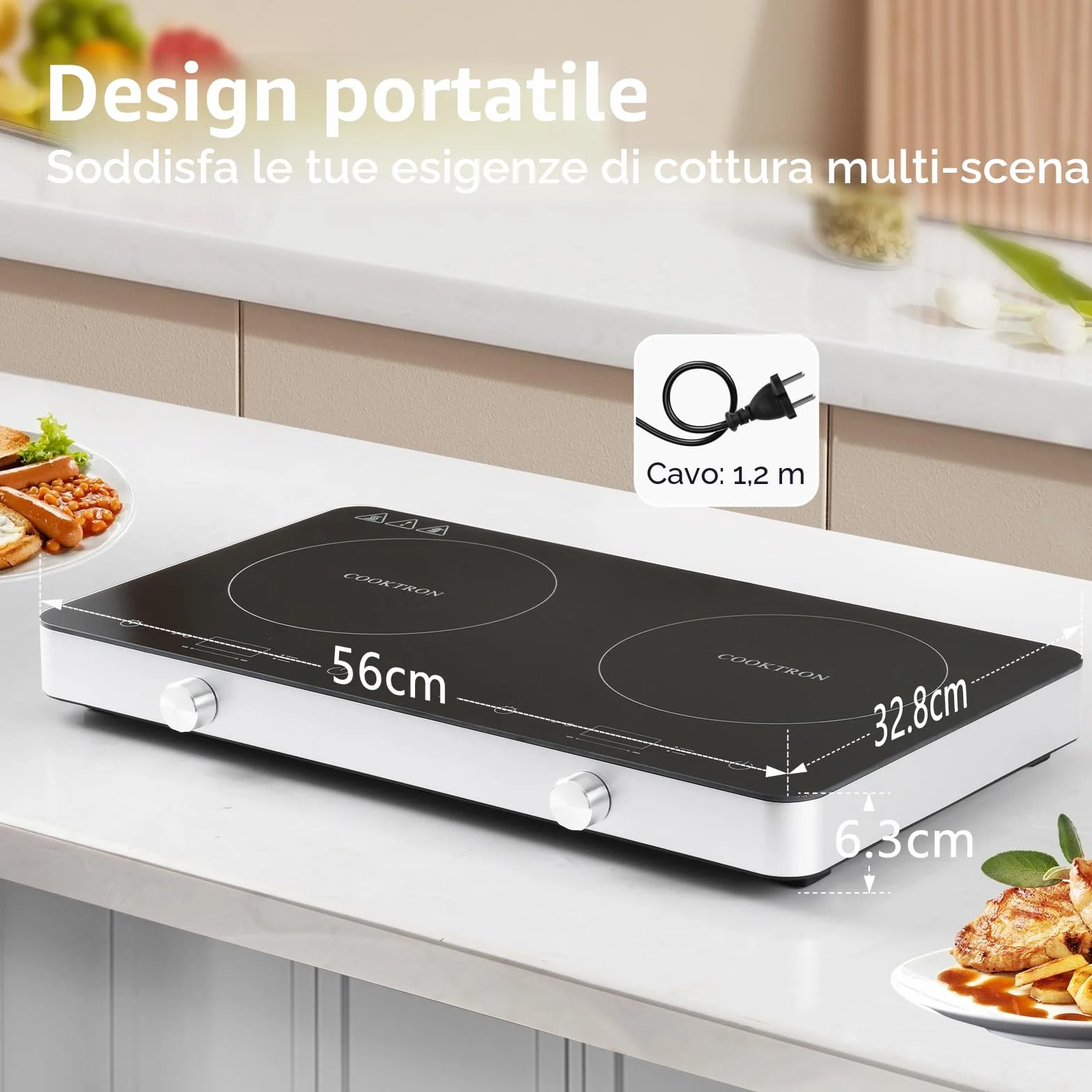 COOKTRON Piastra Induzione 2 Fuochi, Piastra Ad Induzione 3500W, Portatile con Controllo Touch e Manopola, Timer 4 Ore, Sicurezza Bambini, 10 Livelli di Potenza/Temperatura