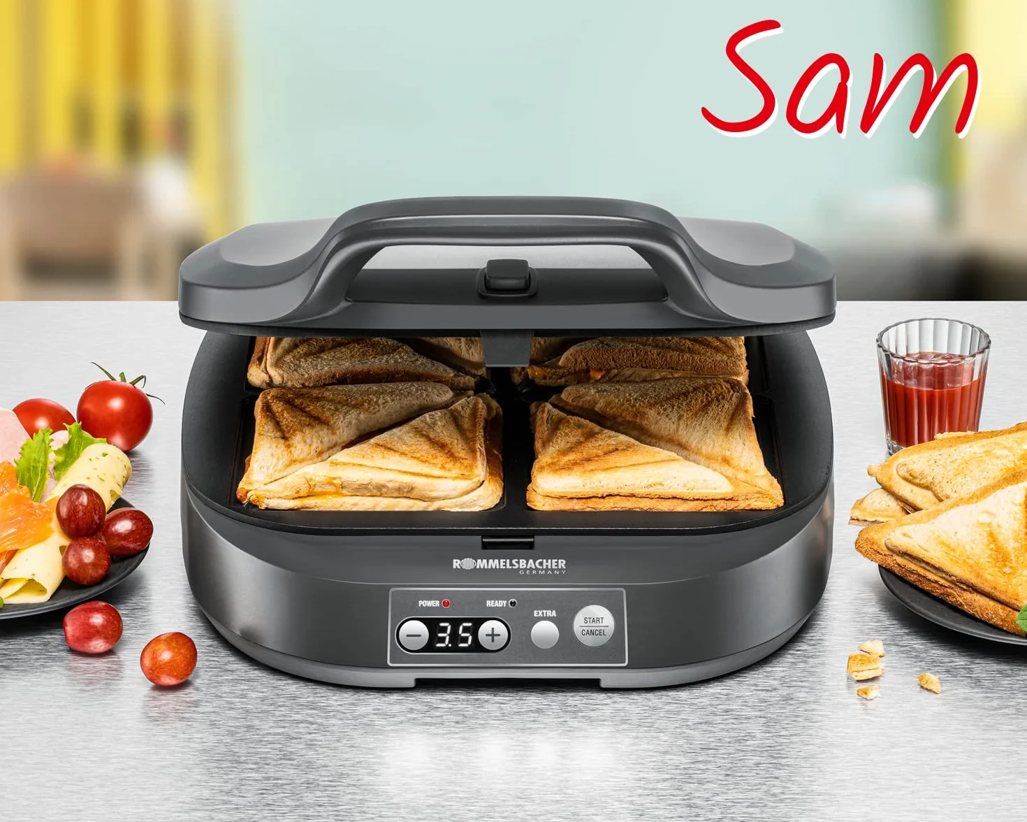ROMMELSBACHER Sandwich Maker ST 1800, 4 sandwich XL, antiaderente, timer da 15 minuti, spegnimento automatico, alloggiamento Cool Touch, 1800 Watt, grigio ardesia