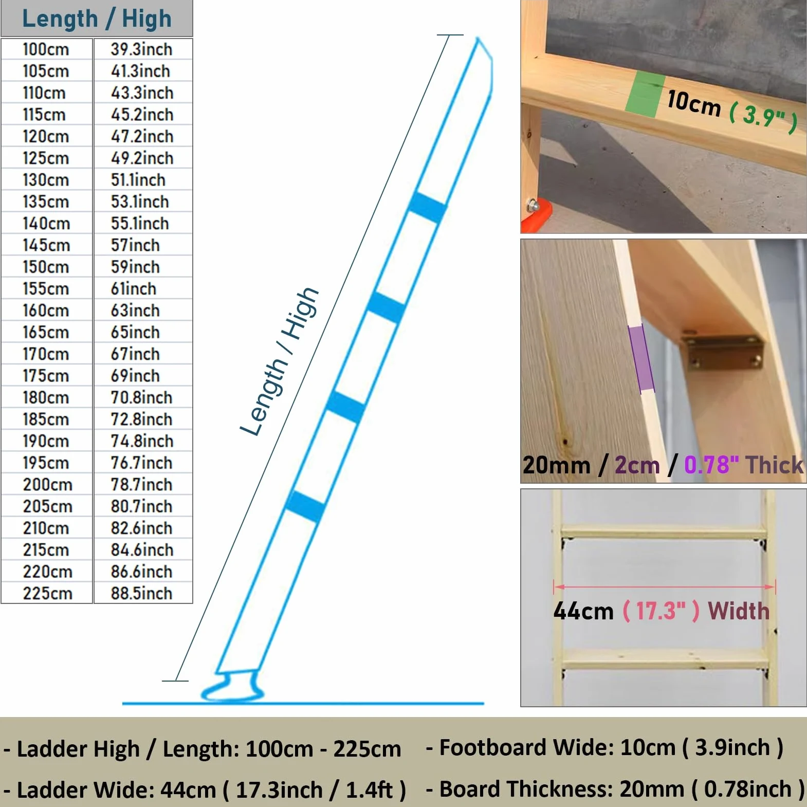 Scala per Letto a Castello con gradini Larghi 3,9" e Ganci, staffe e Piedini in Gomma, Scala di Ricambio Leggera, Scala in Legno per Letto a soppalco Matrimoniale per dormitorio, Camper, Cam