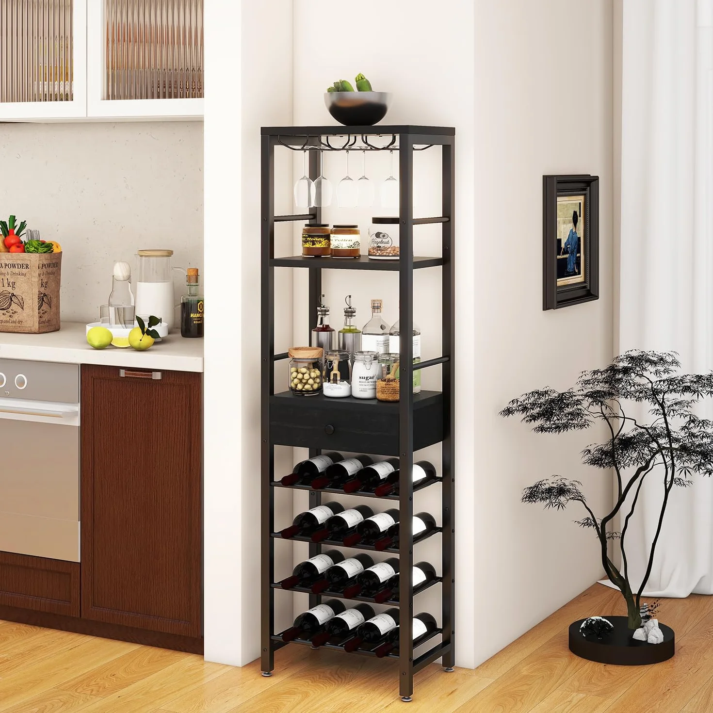 IBUYKE Portabottiglie autoportante 4 ripiani legno nero TMJ905B