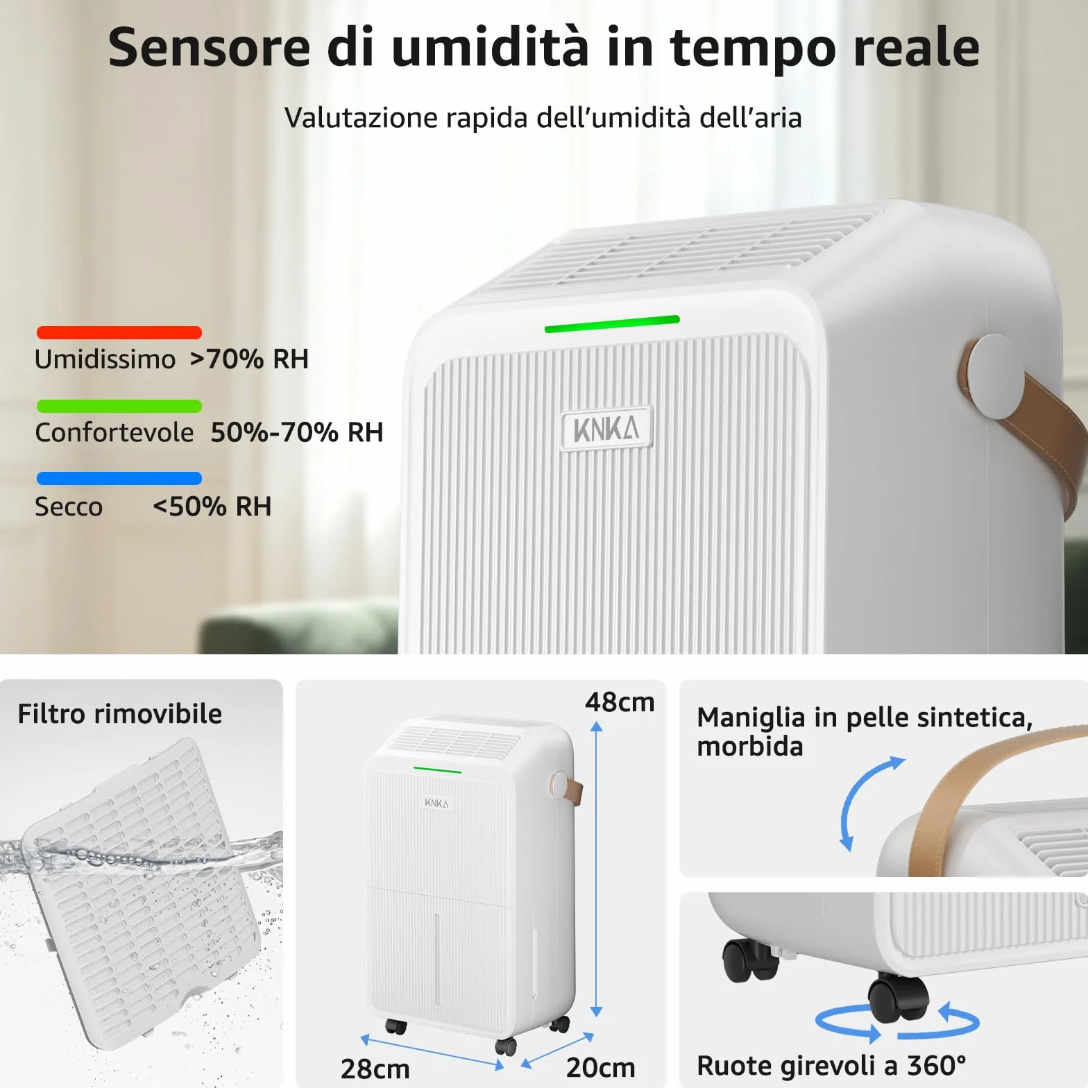 KNKA Deumidificatore, Deumidificatori Casa Muffa, 16L/24H, Serbatoio 3,3L, Basso Rumore, Basso Consumo, Sbrinamento Automatico, Blocco Bambini, Design Anti-Goccia, 4 Modalità, 80m³（32㎡）