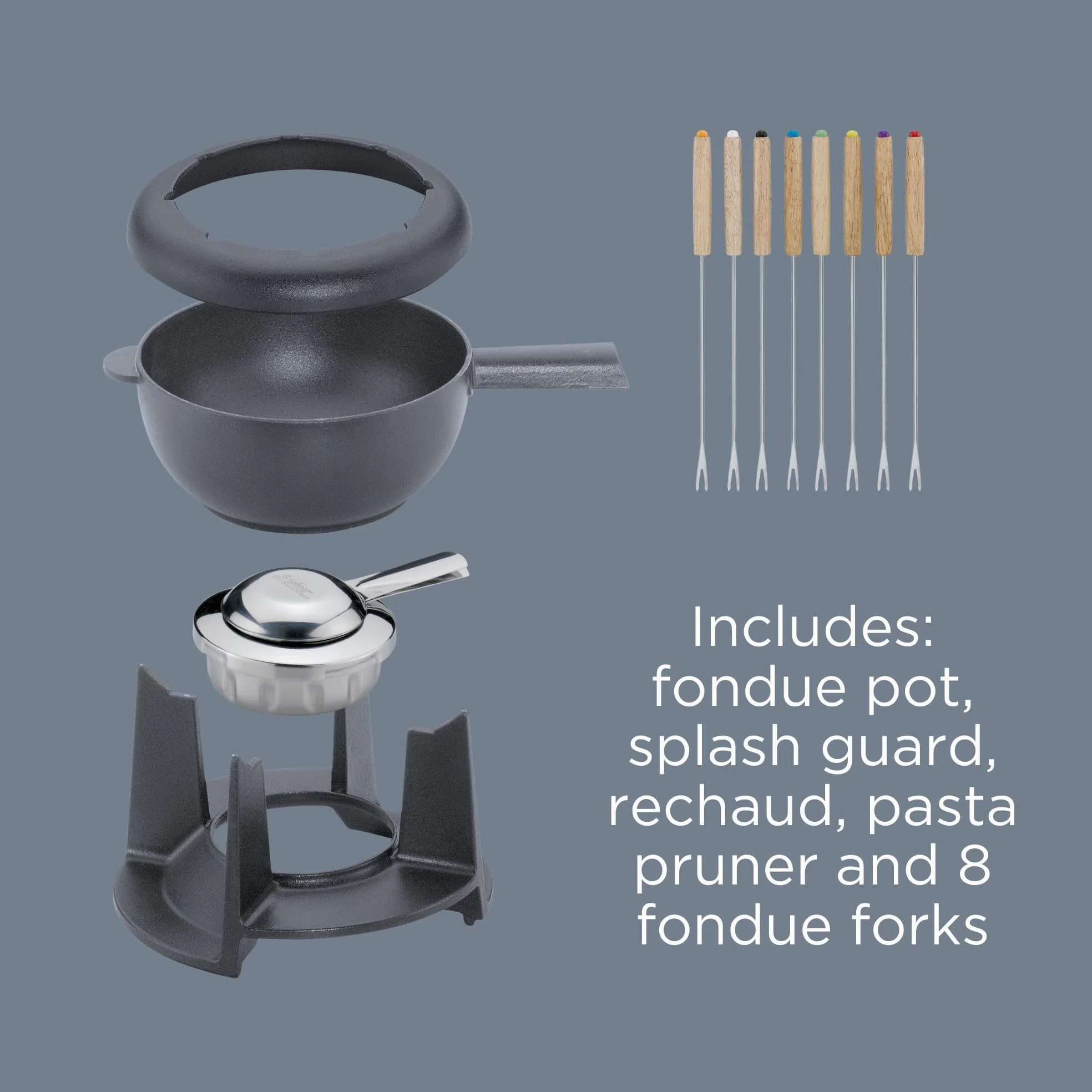 Spring Set per fonduta in ghisa, nero, Ø 20 cm, con 8 forchette per fonduta e paraspruzzi | per fonduta di formaggio, fonduta di carne, bruciatore Rechaud