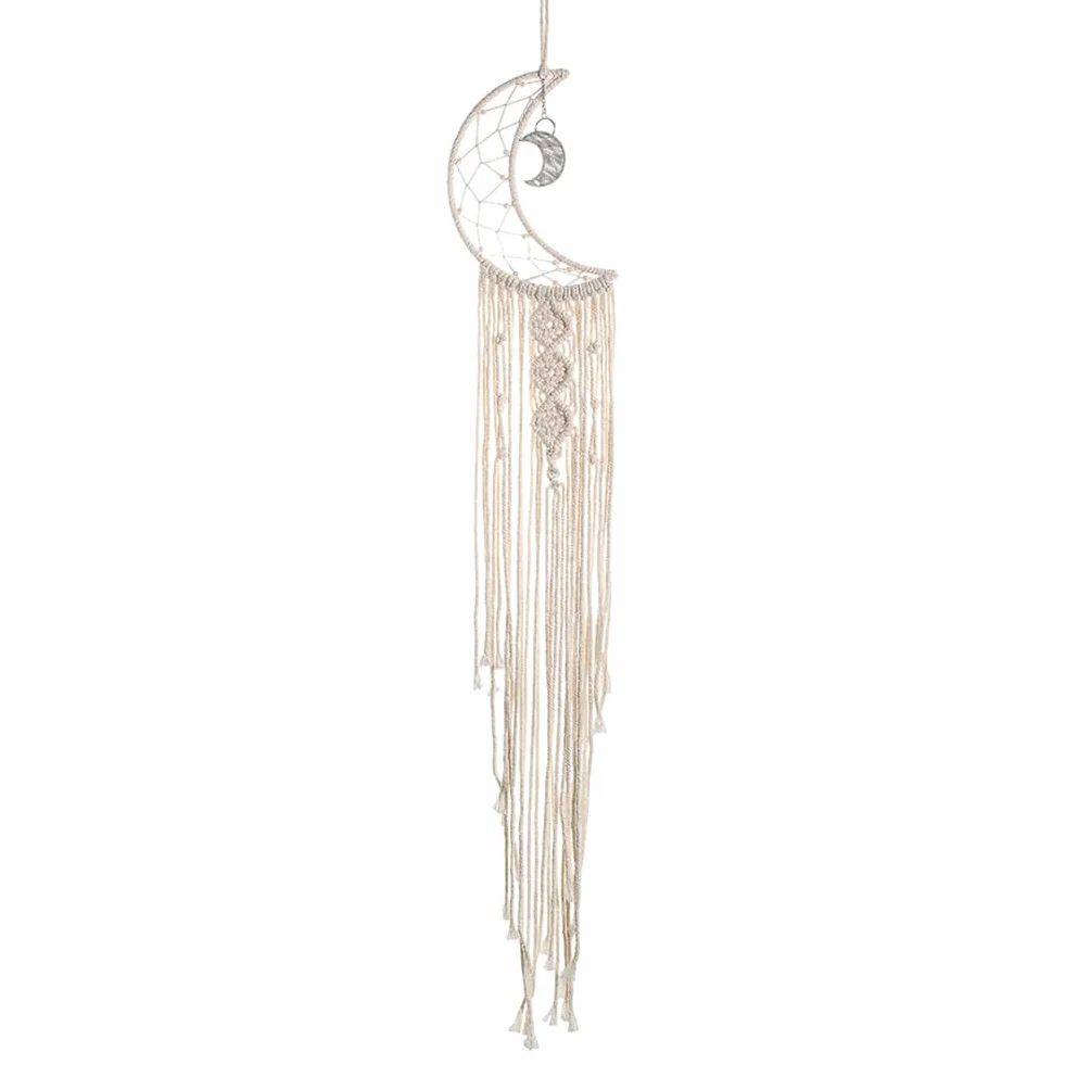 Acchiappasogni a Forma di Luna in Macramè Cotone Bianco Fatto a Mano Bohémien con Nappa Lunga