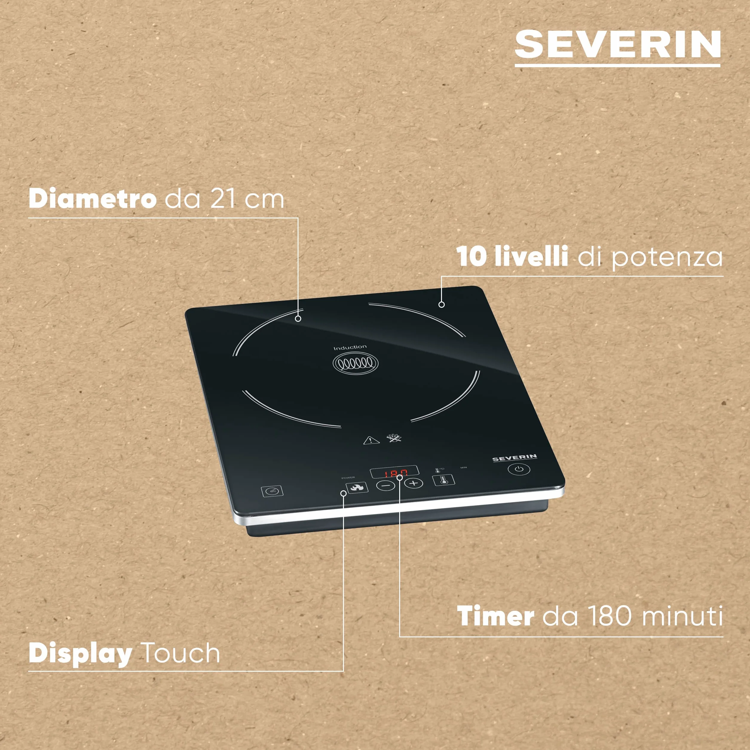 SEVERIN Piastra a Induzione Singola 2000 W Fornello da Campeggio con Piano in Vetroceramica Regolazione Continua Temperatura Nero KP 1071
