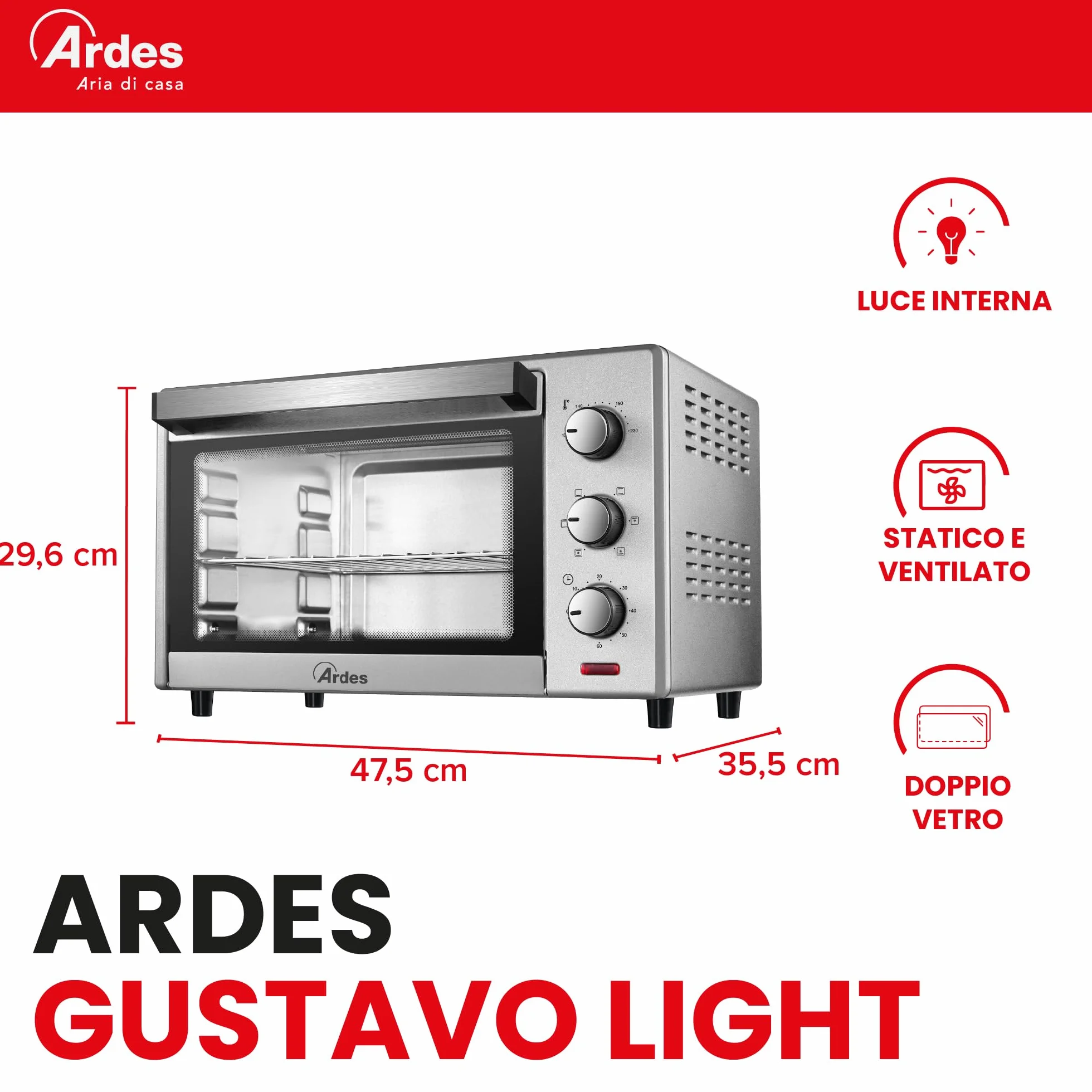 ARDES AR6226S Fornetto Elettrico Ventilato 25 Litri Luce Interna 6 Funzioni Cottura Timer 60' Doppio Vetro Silver