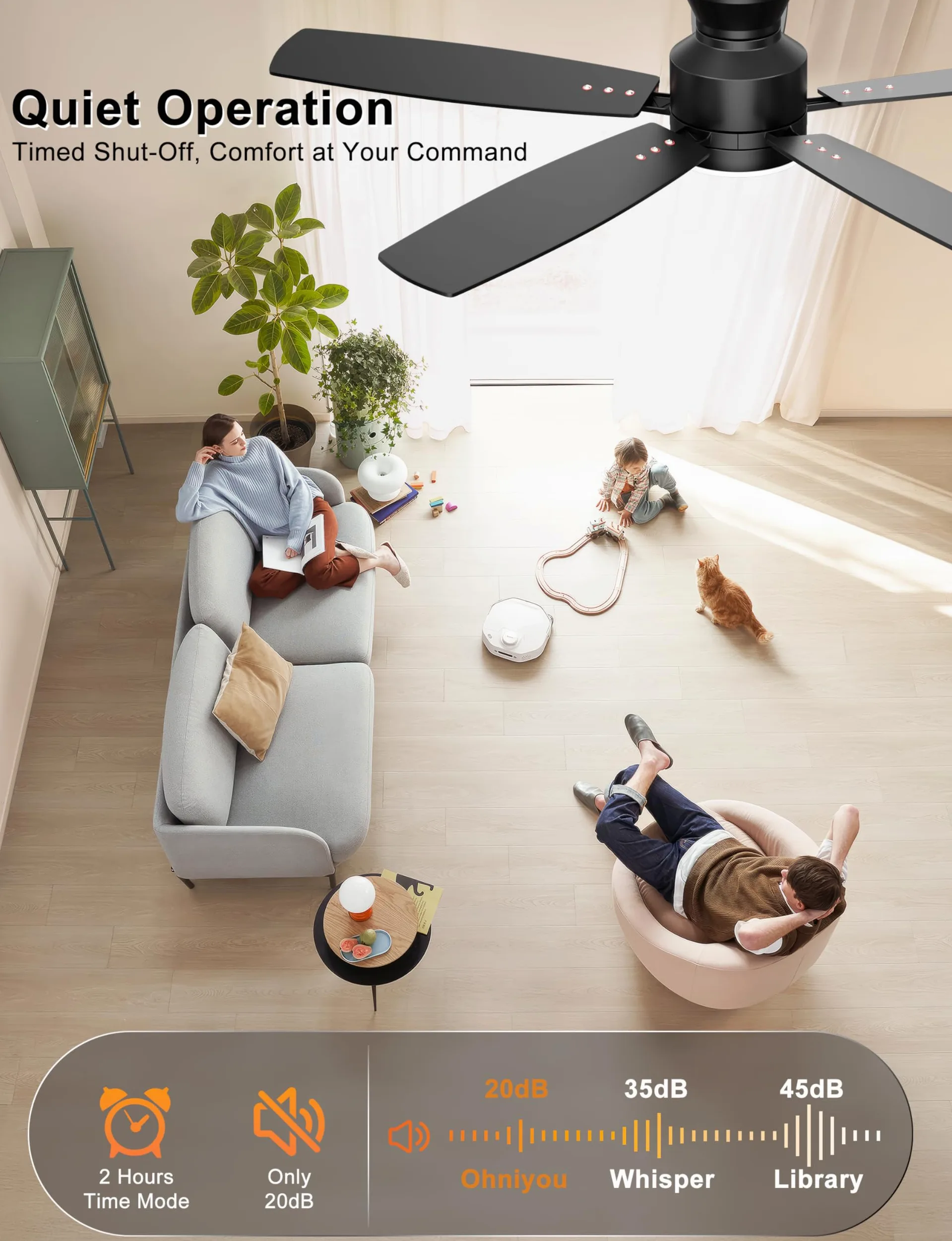 Ohniyou 132 cm Ventilatore da Soffitto a basso profilo con luce, controllo remoto/app, luce dimmerabile, silenzioso, moderno ventilatore da soffitto per camera da letto soggiorno, nero