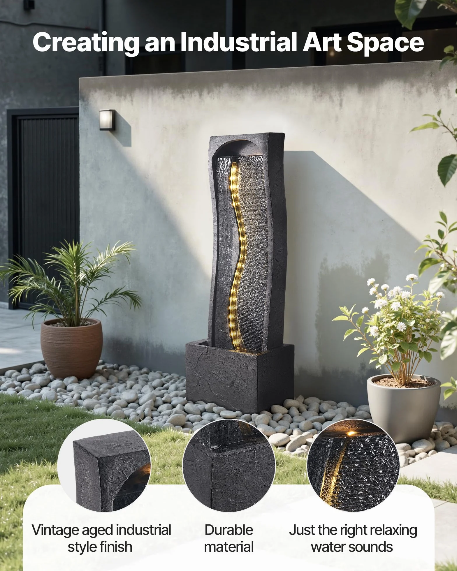 VEVOR Fontana da Esterno, Fontana e Cascata da 340 x 220 x 980 mm, Fontane a 1 Livello con Base in Pietra da Pavimento con Luce LED e Pompa, per Esterni, Interni, Giardino, Casa, Patio e Cortile