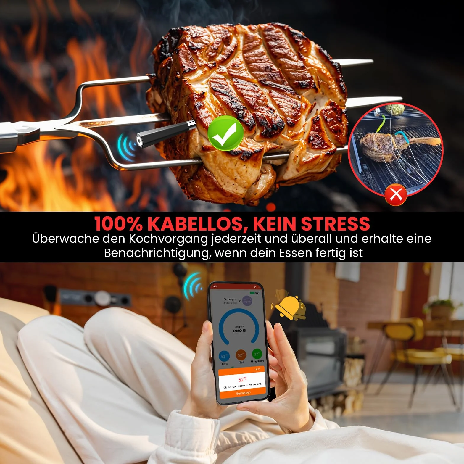 Termometro Carne Bluetooth IP67 Impermeabile Wireless per BBQ Forno Grill
