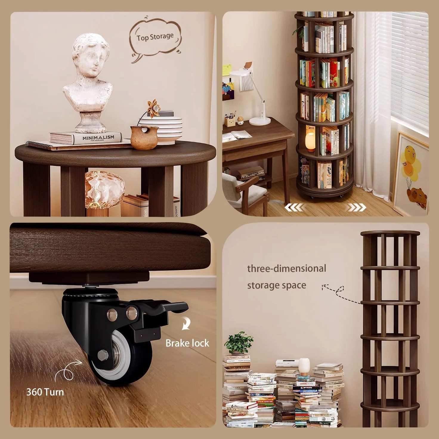 Libreria Rotante a 360° in Legno Massello, Scaffale Girevole a 6 Ripiani con Ruote, Salvaspazio per Salotto, Studio, Camera da Letto e Ufficio, Design Moderno