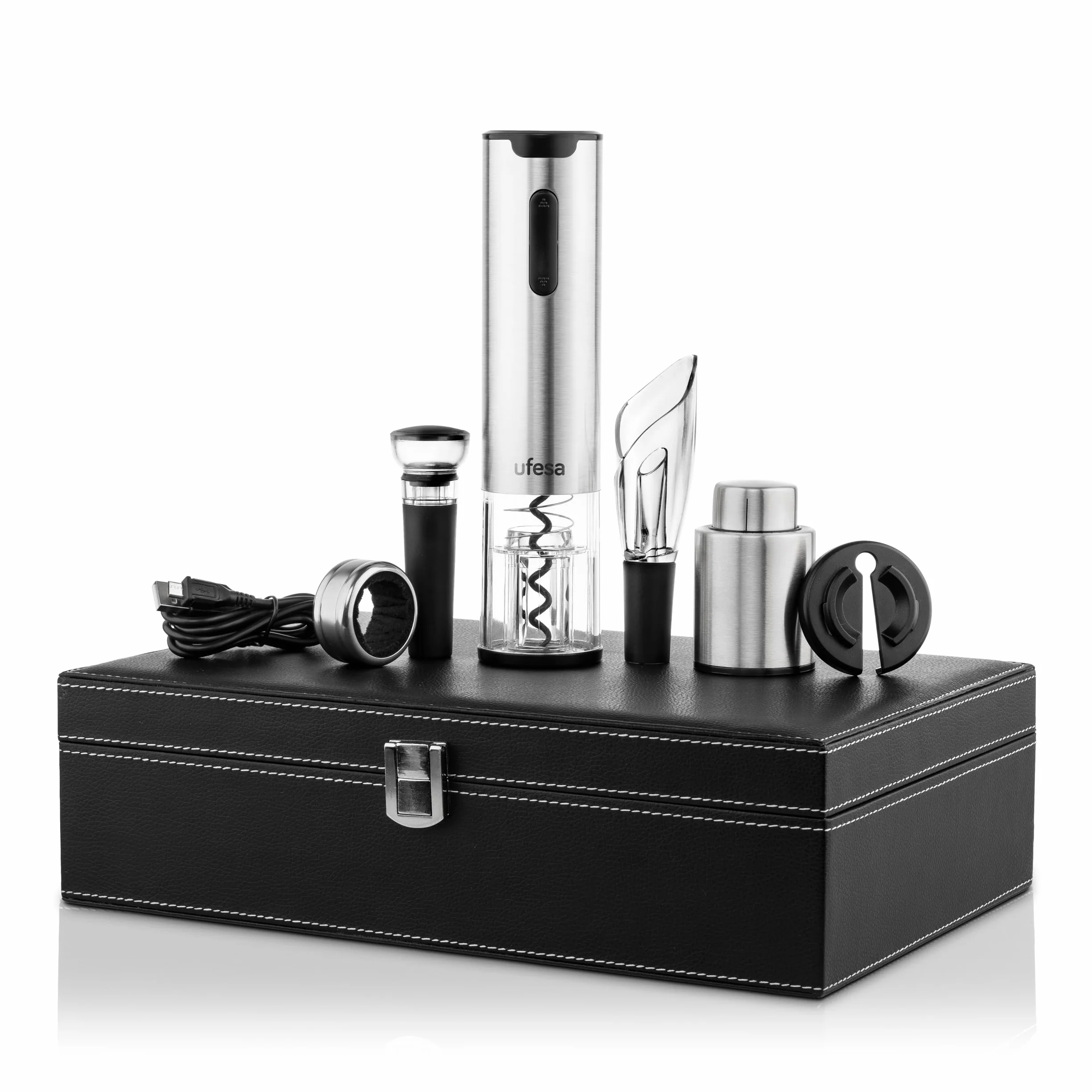 Ufesa EasyClassy Cavatappi elettrico con valigetta, apribottiglie vino LED, tappo antigoccia, estrattore d'aria, batteria Ni-MH, wireless, USB-C