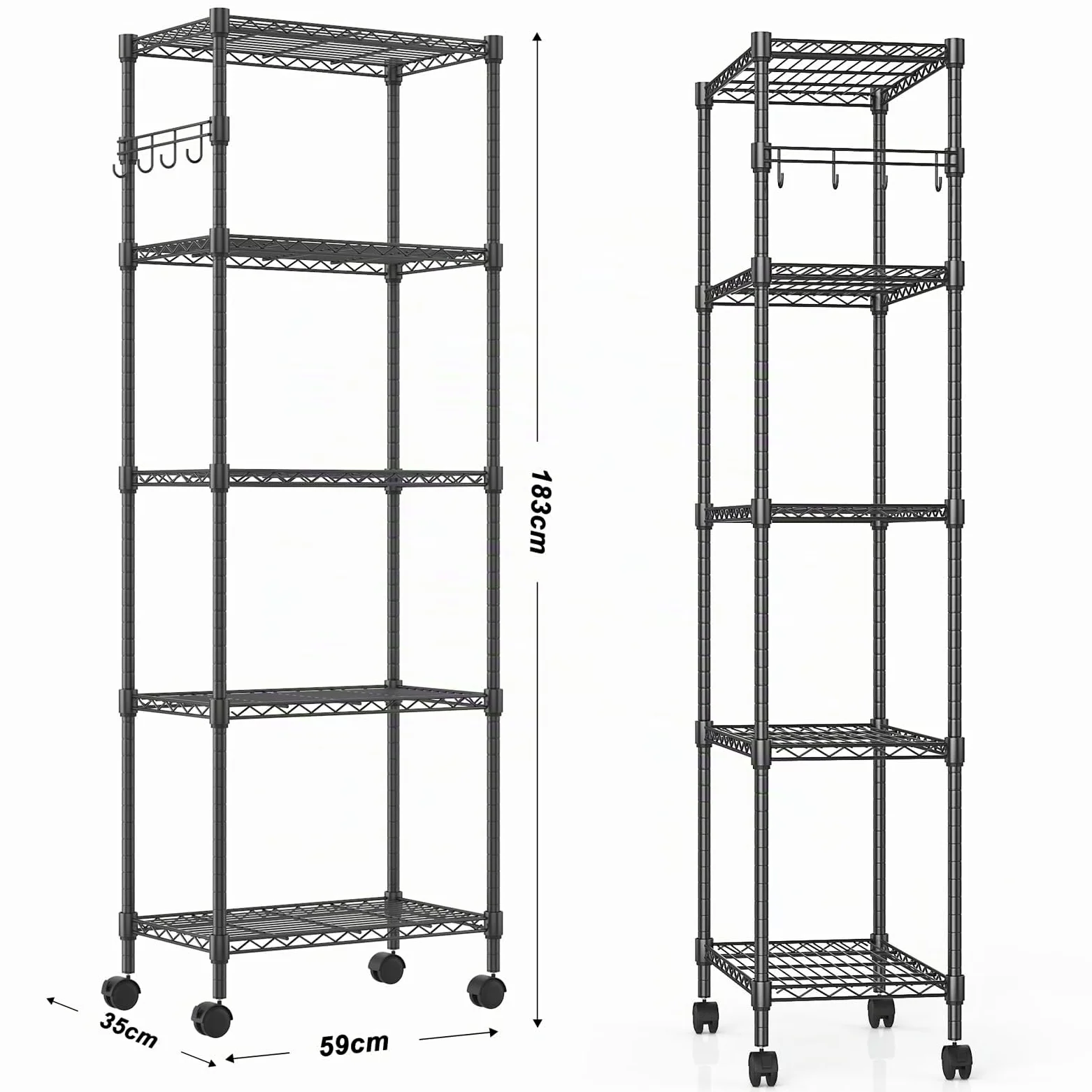 Himimi Scaffali in Metallo a 5 Ripiani con Ruote, Regolabile in Altezza Scaffalatura per Riporre Oggetti Pesanti,Organizzatore per Garage, Cucina, Soggiorno,59cmW * 35cmD* 183cmH Nero.