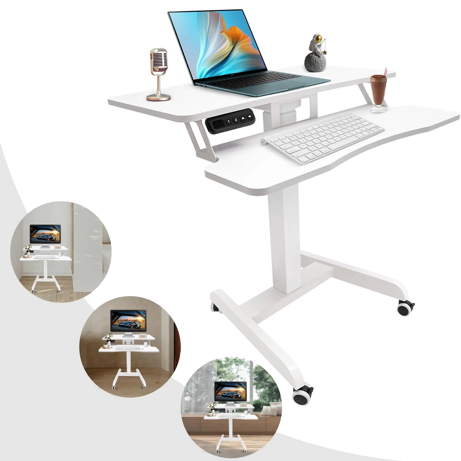 Scrivania elettrica a 2 Livelli con Altezza di rotolamento Regolabile, scrivania Mobile in Piedi, postazione di Lavoro Sit-Stand per Home Office, Bianca