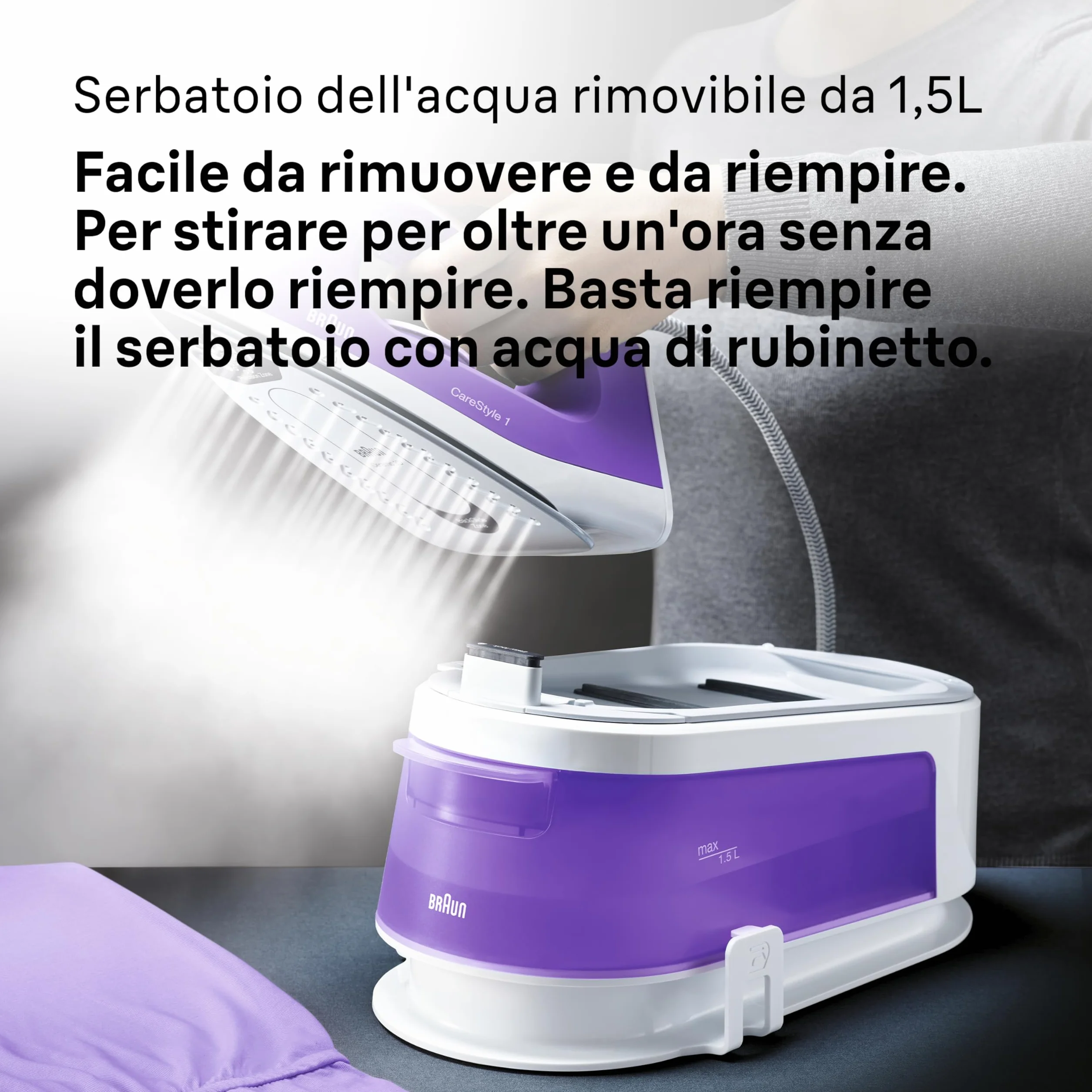 Braun Carestyle1 IS1014VI Ferro Generatore Di Vapore Con 5 Anni Di Assistenza, Carica Continua, Termostato Regolabile, Tanica 1,5L, AUTOSPEGNIMENTO, Colpo vapore 360g/min, Sistema Sicurezza, Viola