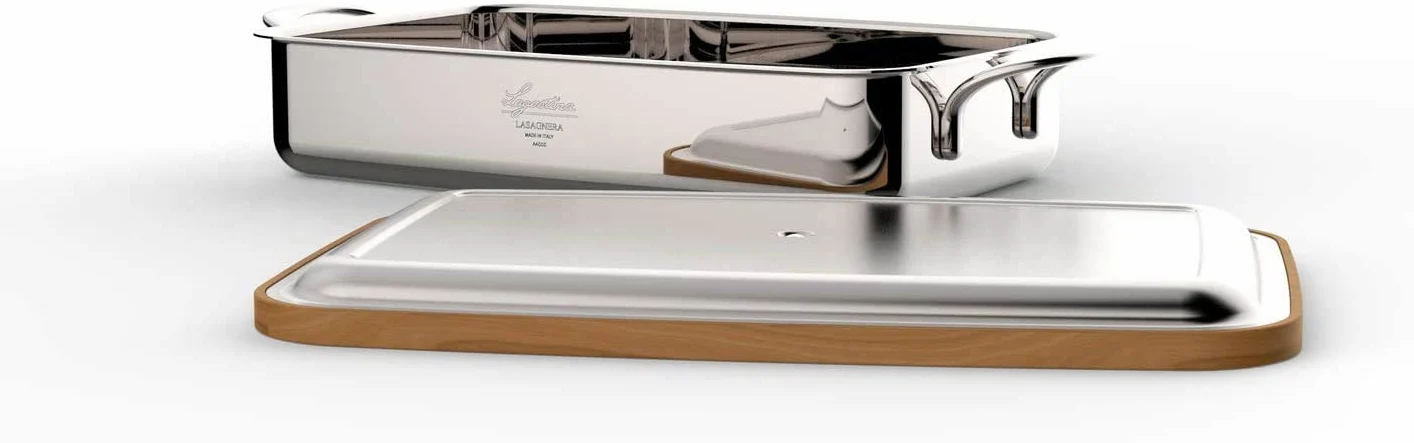 Lagostina Patrimonio Lasagnera per Forno con Coperchio di Legno di Ciliegio, Acciaio Inox e Legno, 22x35 cm