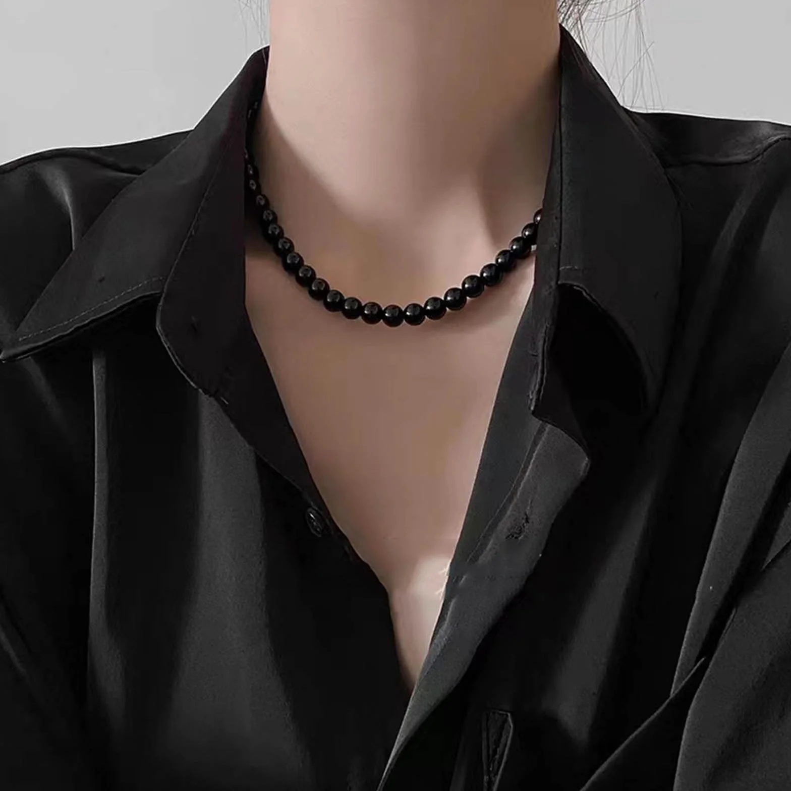 Collana di Perle Nere Vintage, Collana a Catena di Perle Rotonde, Collana di Perline Spinello, Collana Girocollo di Perle, Gioielli Per Donna, Nero, Zinco, Perlina, Unisex, Tutte le stagioni