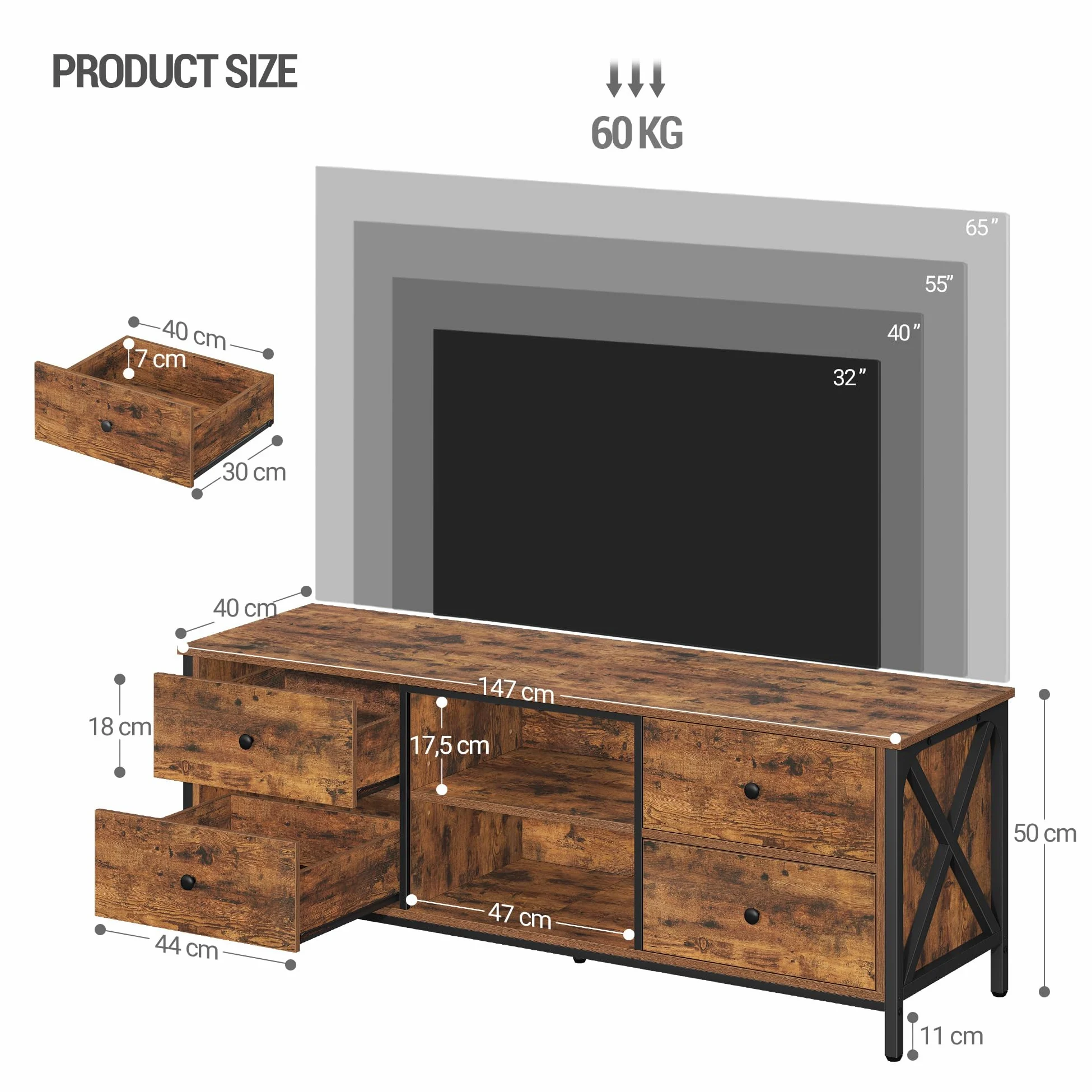 Hzuaneri Mobile TV, tavolino porta TV a 4 cassetti, adatto per TV fino a 165 cm, con 2 vani aperti, 40 x 147 x 50 cm, adatto per soggiorni, camere da letto e sale da pranzo, marrone vintage TV16801B