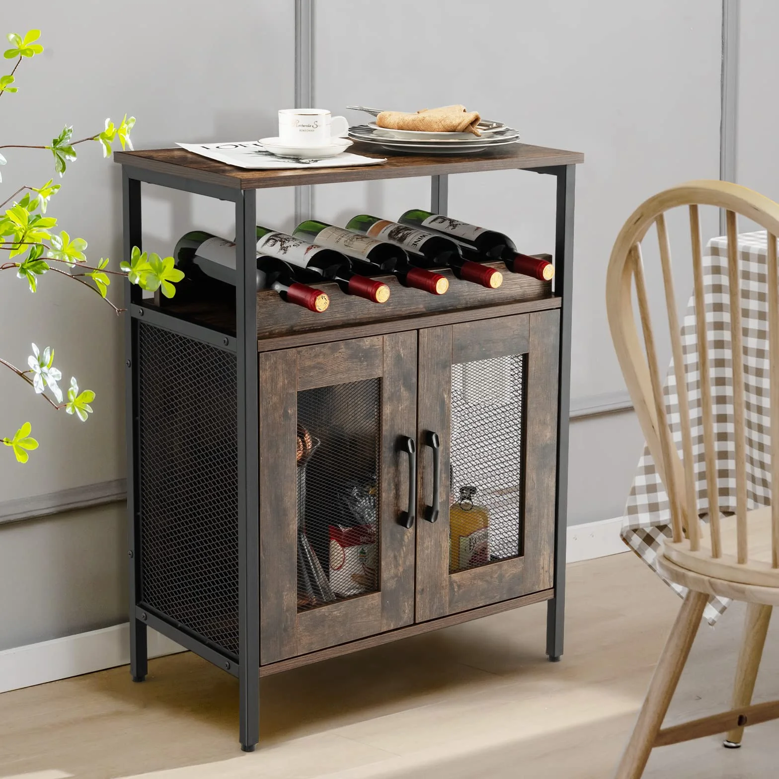 GYMAX Armadio per Vino per 5 Bottiglie Rimovibile, Armadietti di Vino con 6 Porta Calici, Mobile da Vino in Rete Metallica per Cucina, Sala da Pranzo, Industriale, 60 x 34 x 79 cm (Marrone)