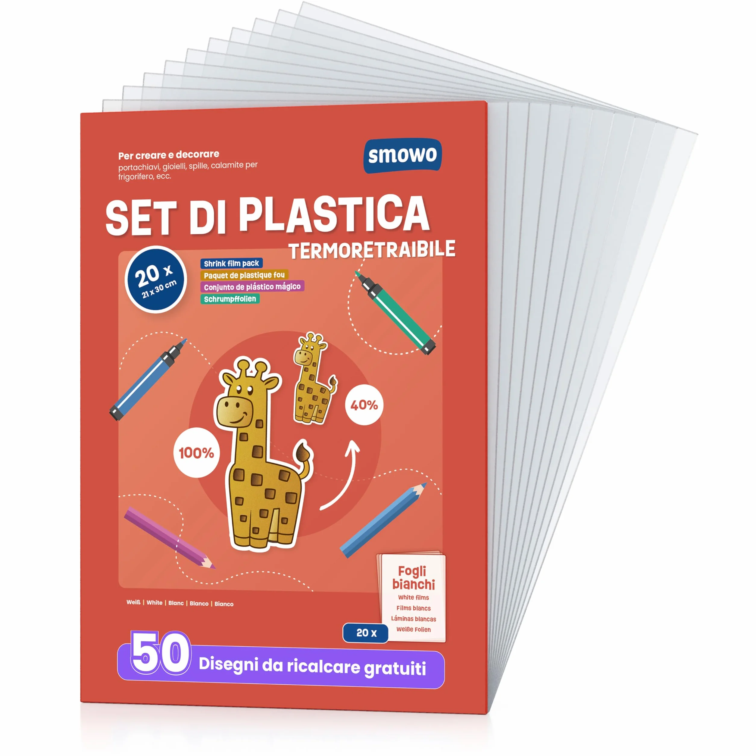 Smowo Plastica Termoretraibile - Fogli Trasparenti A4, Carte Termoretraibili per Progetti Fai-da-te e Artigianato