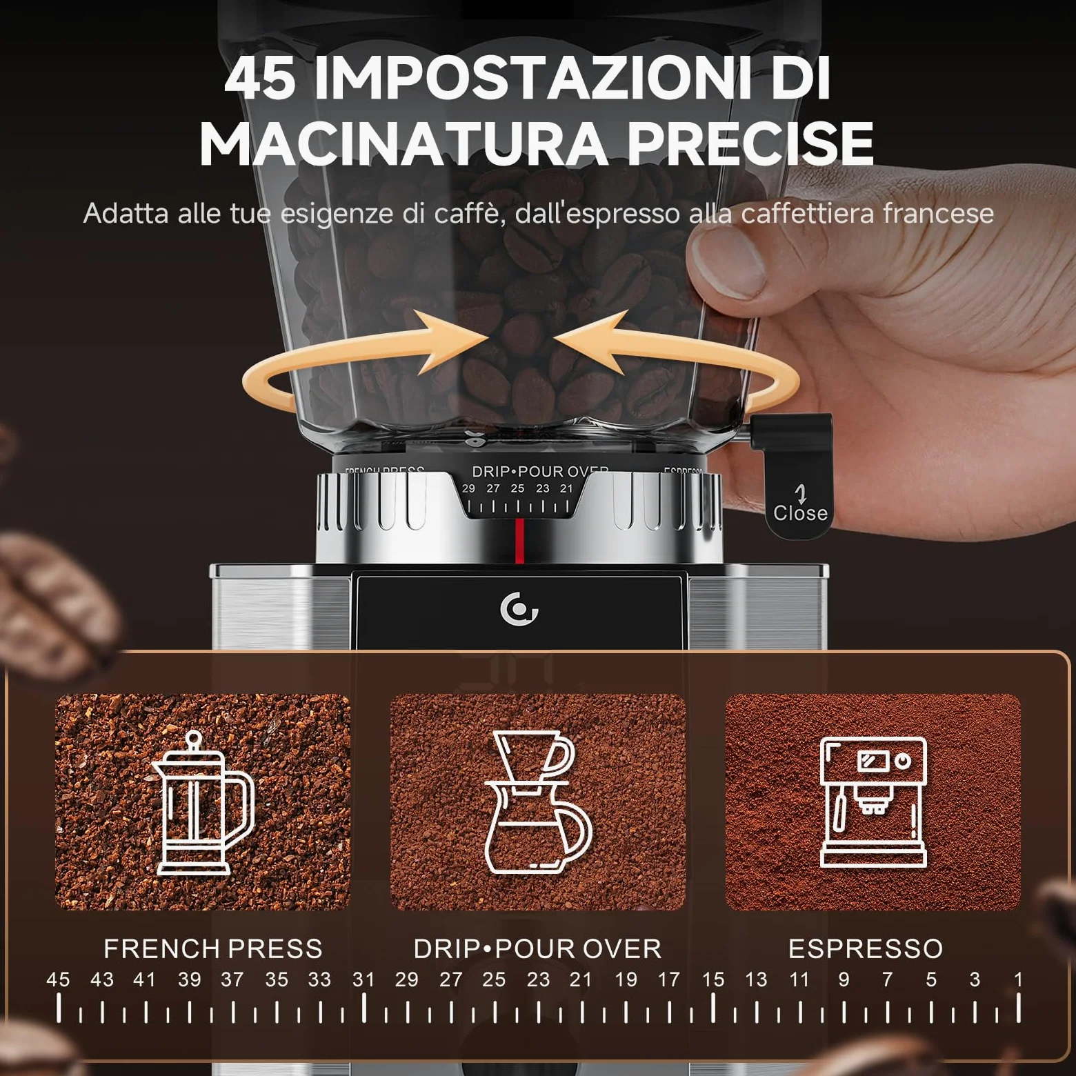 AMZCHEF Macinacaffè Elettrico con 45 Livelli di Macinatura, Macine Coniche in Acciaio Inox, Supporto Portafiltro Regolabile, Pannello di Controllo Touch LED, Corpo in Acciaio Inox