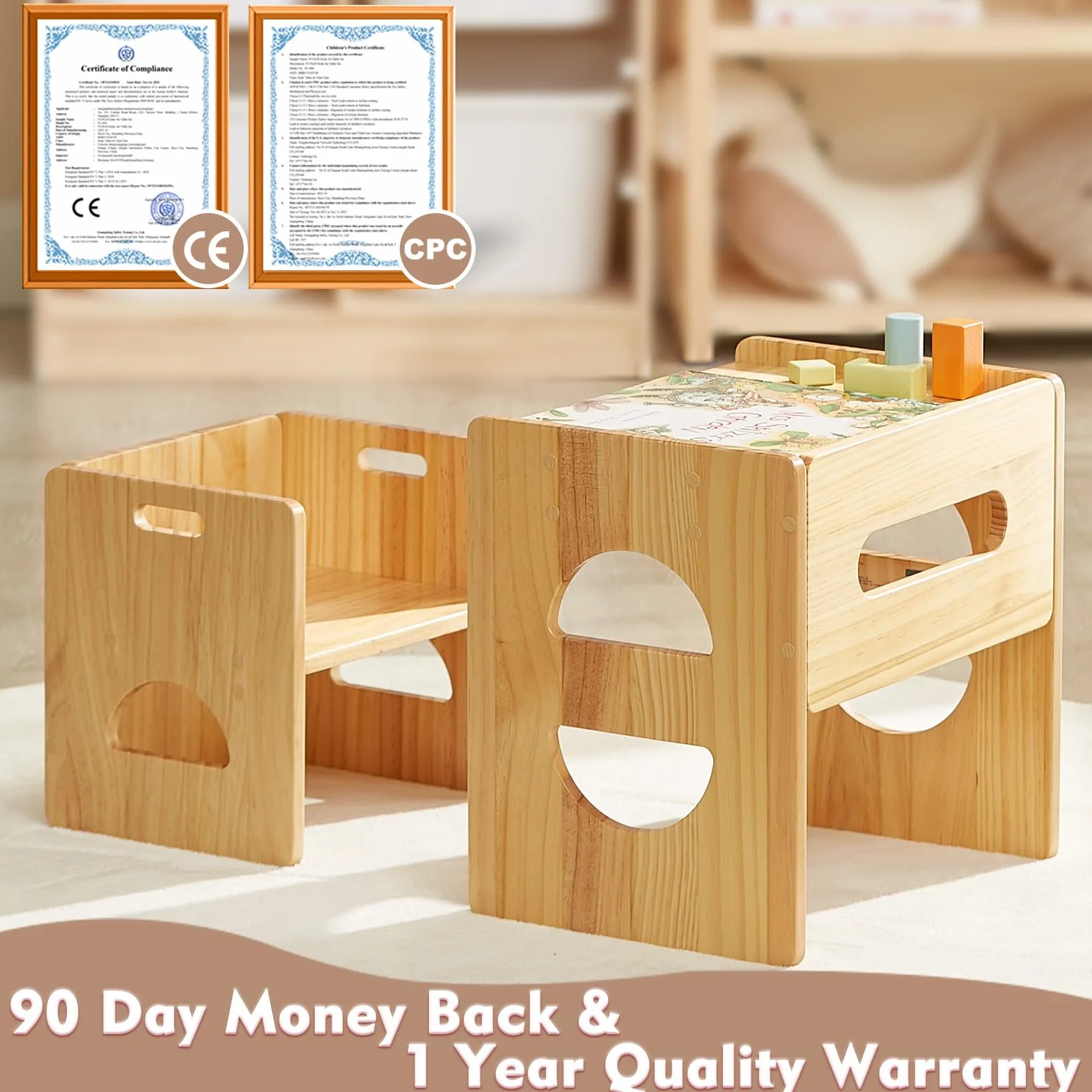FUNLIO Set di tavolo e sedia Montessori regolabili in altezza per età 1-3, in legno massiccio, set di sedia da tavolo per bambini per leggere/mangiare/giocare - Naturale