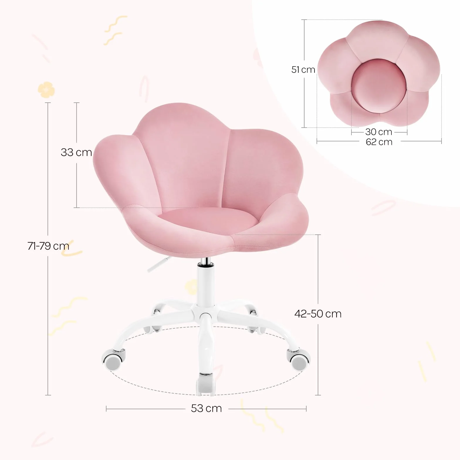 WOLTU Sedia da Scrivania per Bambini, Sedia Ufficio Ergonomica Girevole e Regolabile in Altezza con Rotelle, Seduta a Forma di Fiore per Studio, Camera da Letto, Velluto, Rosa Pastello