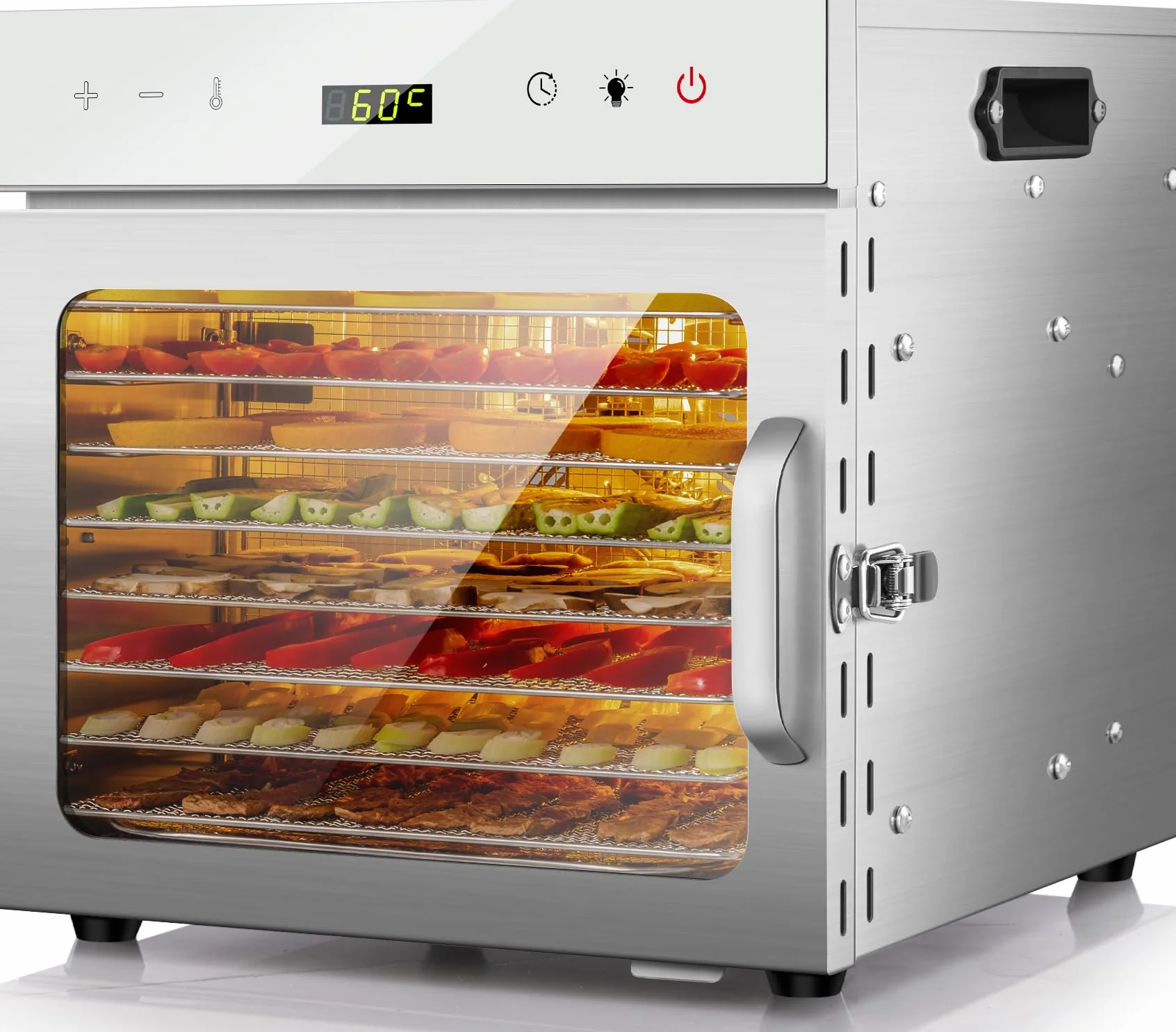 Kwasyo Essiccatore Alimentare Professionale in Acciaio Inox, 8 Vassi, 67 Ricette,di Temperatura da 30 a 90℃, Funzione Timer fino a 24 ore, Senza BPA, Disidratatore per Frutta, Carne, Verdure, Erbe