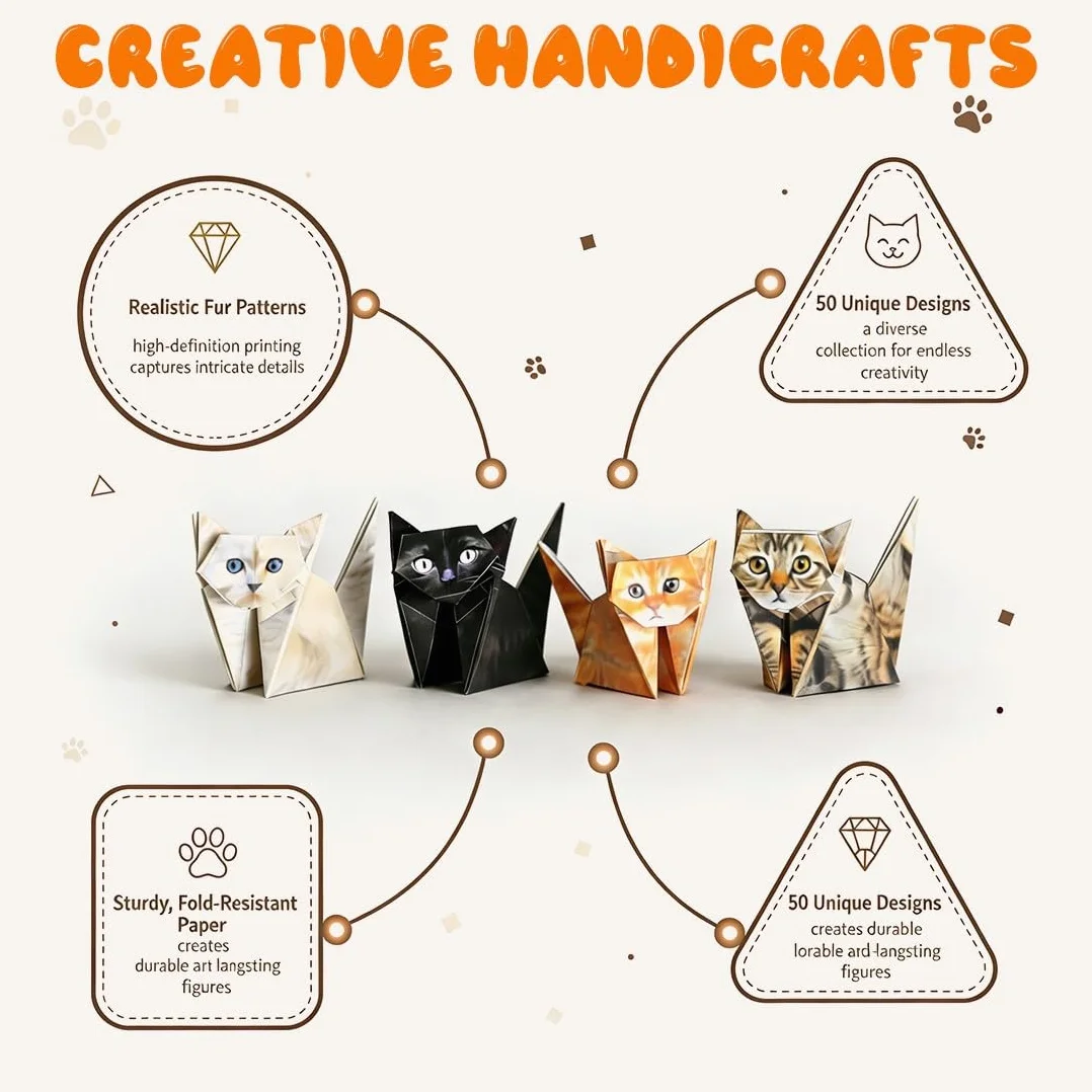 Zestaw Origami 3D Gatti Carta 50 Fogli Kit Fai da Te per Bambini e Adulti