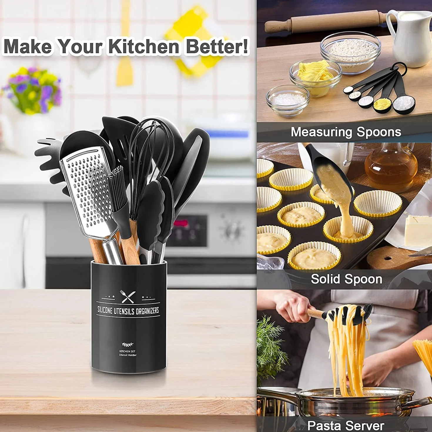 Set di 34 utensili da cucina in silicone, resistenti al calore, con manici in acciaio inossidabile di alta qualità, per cucinare e cuocere, spatole antiaderenti, utensili da cucina (nero)