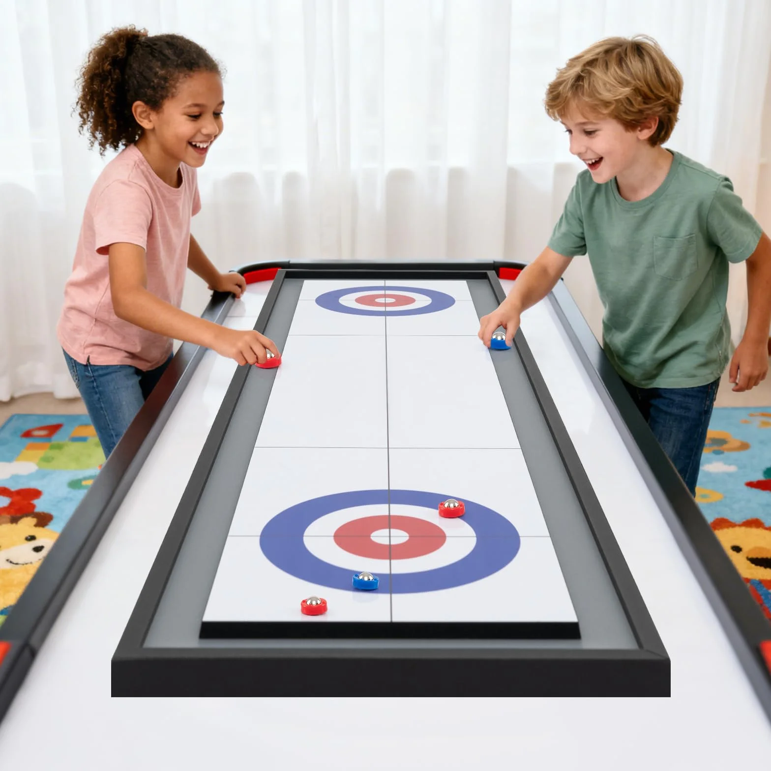 RELAX4LIFE Tavolo Multigioco 2 in 1, Numeri e Graduazioni Chiari, Bifacciale Shuffleboard e Curling con 4 Dischi Rossi e 4 Blu per Riunioni Festive in Famiglia