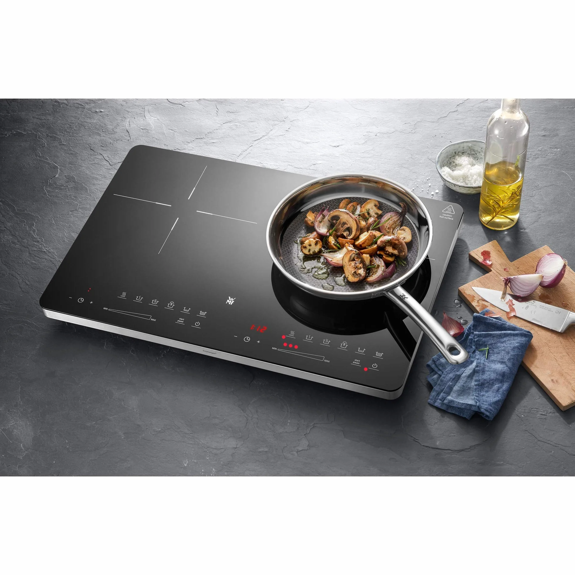 WMF Kult X Doppio piano cottura a induzione, 2 piastre, piano cottura fino a 28 cm, 2 zone di cottura, 8 livelli, rilevamento della pentola, display touch, vetro ceramica, funzione timer, 3500 W