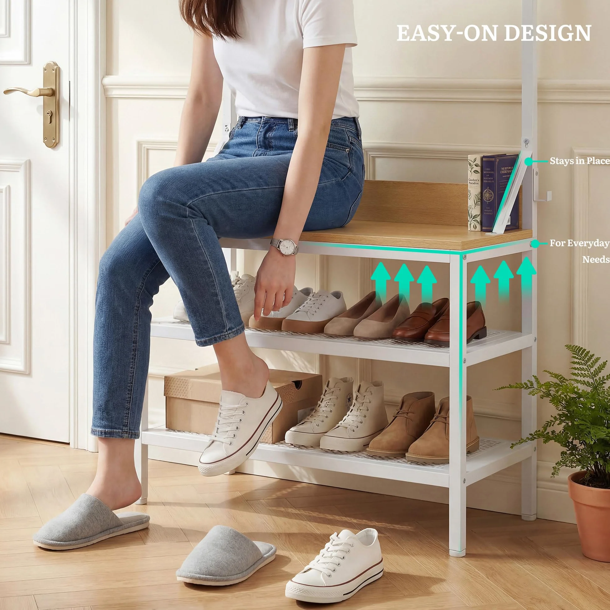 YITAHOME Appendiabiti a 2 ripiani, con porta scarpe, stand appendiabiti, industriale, con 9 ganci per corridoio, soggiorno, camera da letto, telaio in metallo