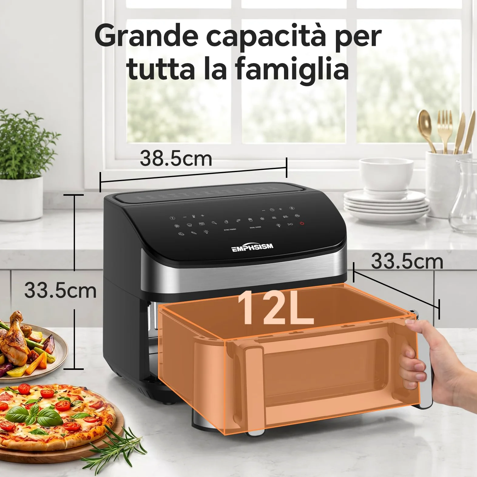 Friggitrice ad Aria 12 Litri - Doppia Resistenza Airfryer, 2600W XXL Doppio Cestello Air Fryer, Flessibile 1 o 2 Zone, 13-in-1 con Schermo Touch, Finestra con Luce Interna, Grande per 4–7 Persone